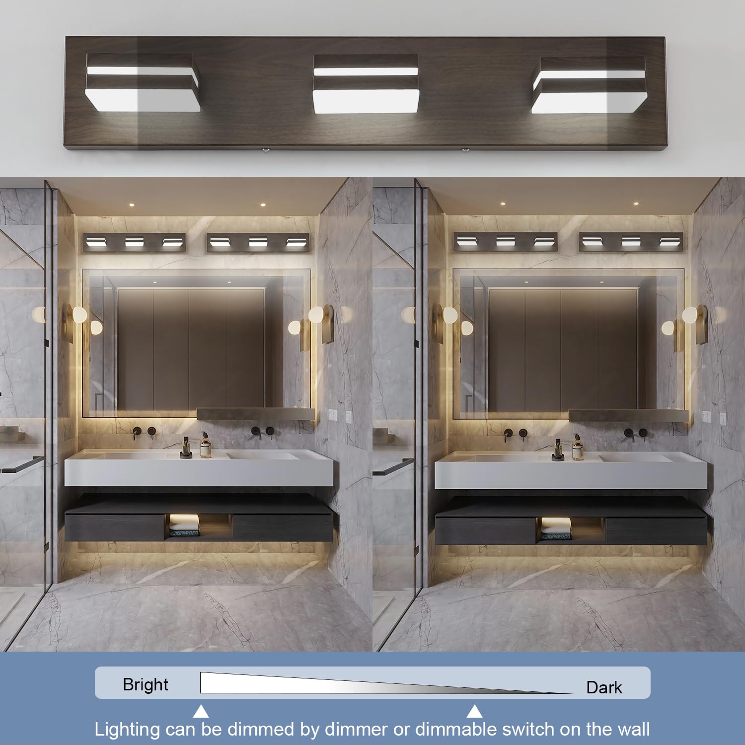 Sinerise Led Modern Bathroom Vanity Light Fixtures (3-Light, 24-Inch, Dimmable), Brown Wood Painted Modern Acrylic Bathroom Wall