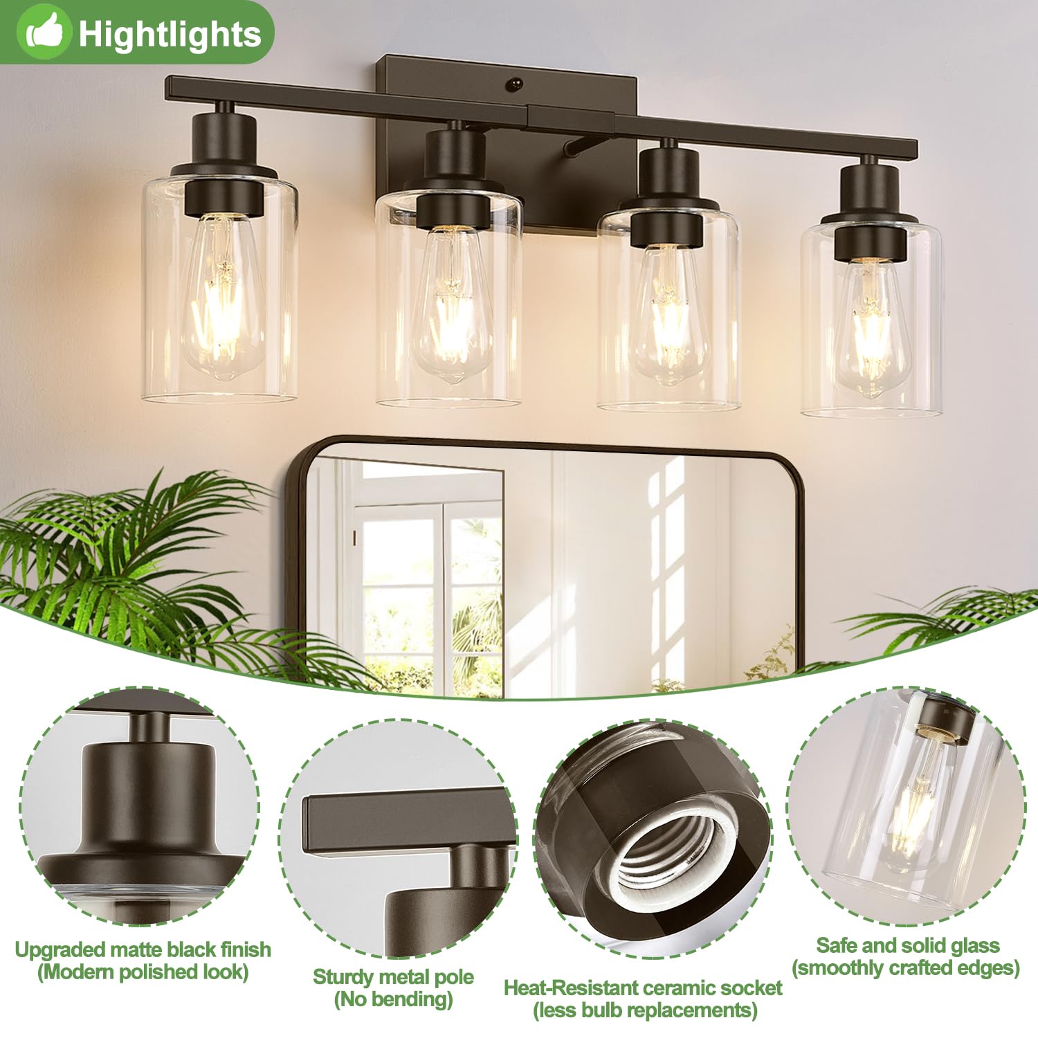 Indoi 4-Light Bathroom Light Fixtures, Brown Vanity Lighting Fixtures With Clear Glass Shades, Modern Bathroom Wall Lamp For Mir