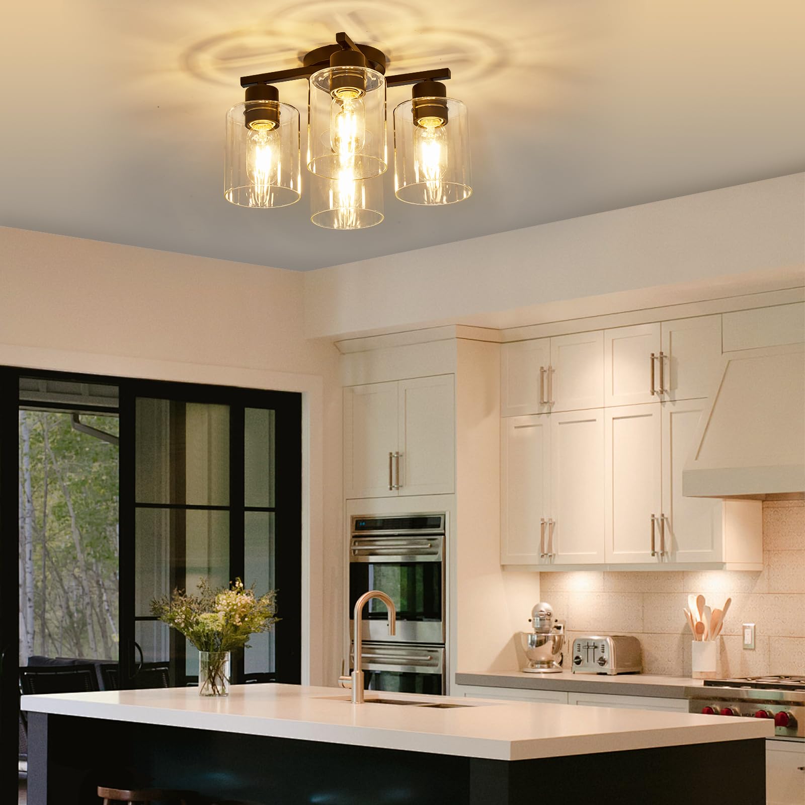 Diduio Kitchen Lighting Fixtures Ceiling, Black Semi Flush Mount Ceiling Light, 4 Light Kitchen Light Fixtures Cieling Lights Wi