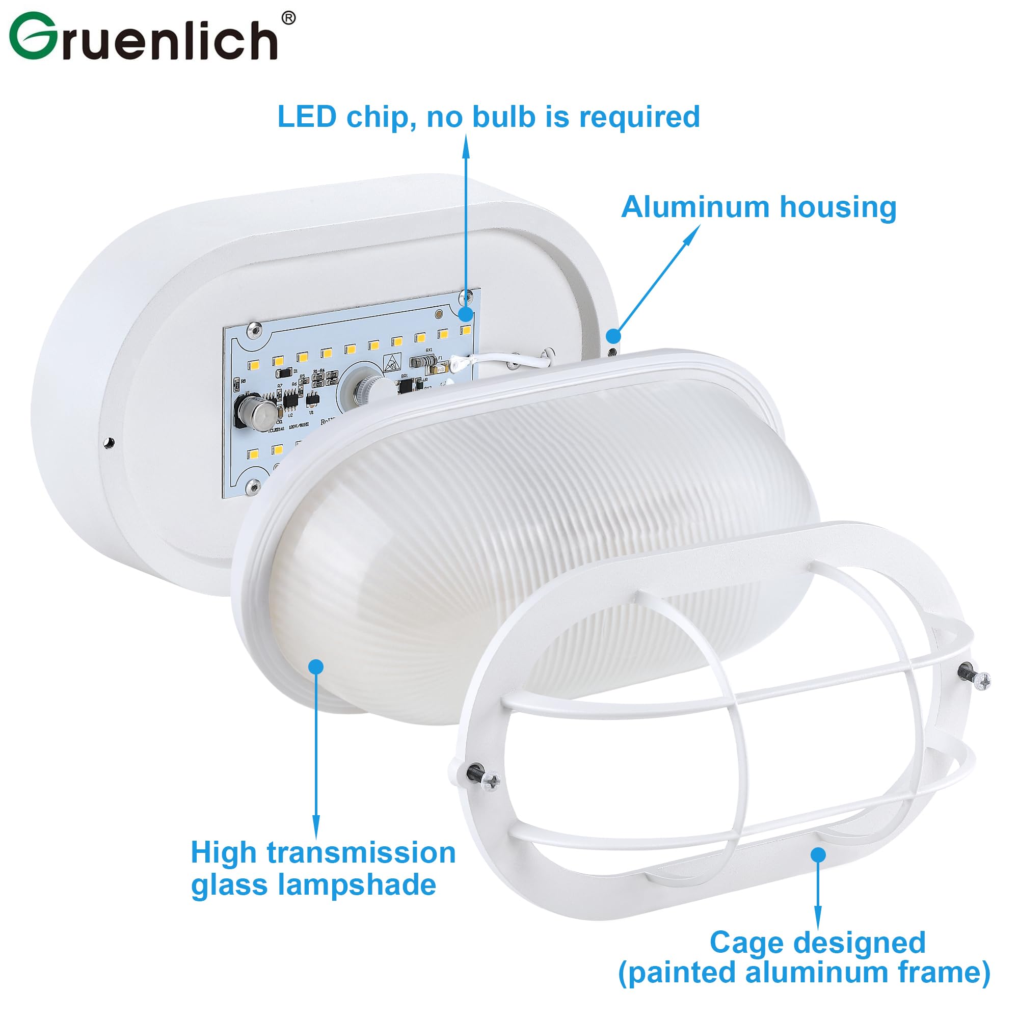 GRUENLICH Dimmable LED Bulkhead Light, 6W 520 Lumen, 3000K White, Oval 8.5 inch, Aluminum, Wall/Ceiling Mount