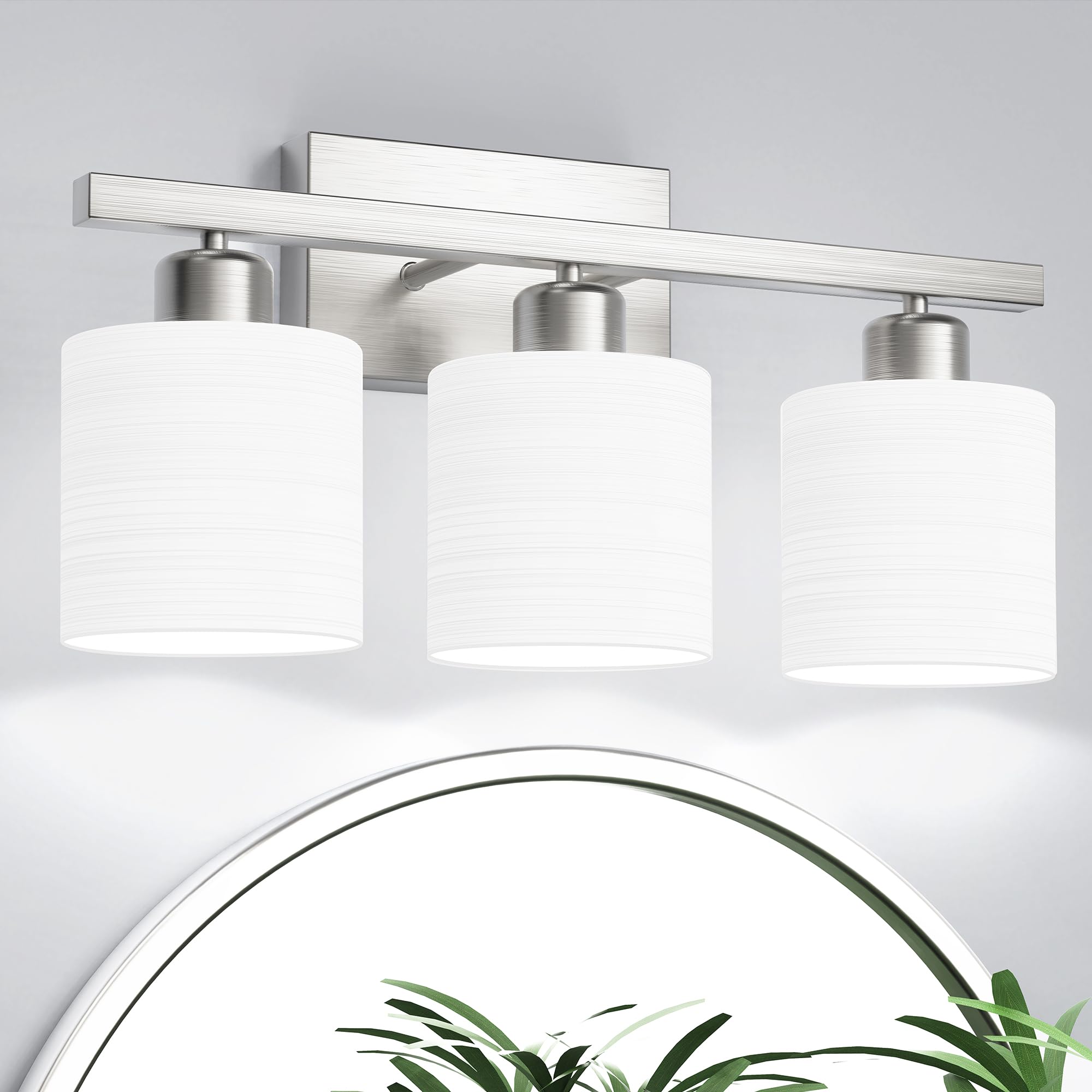 PARTPHONER Bathroom Light Fixtures, 3-Light Vanity Light, Brushed Nickel, Textured Frosted Opal Glass Shades, Model STR0-VL-001