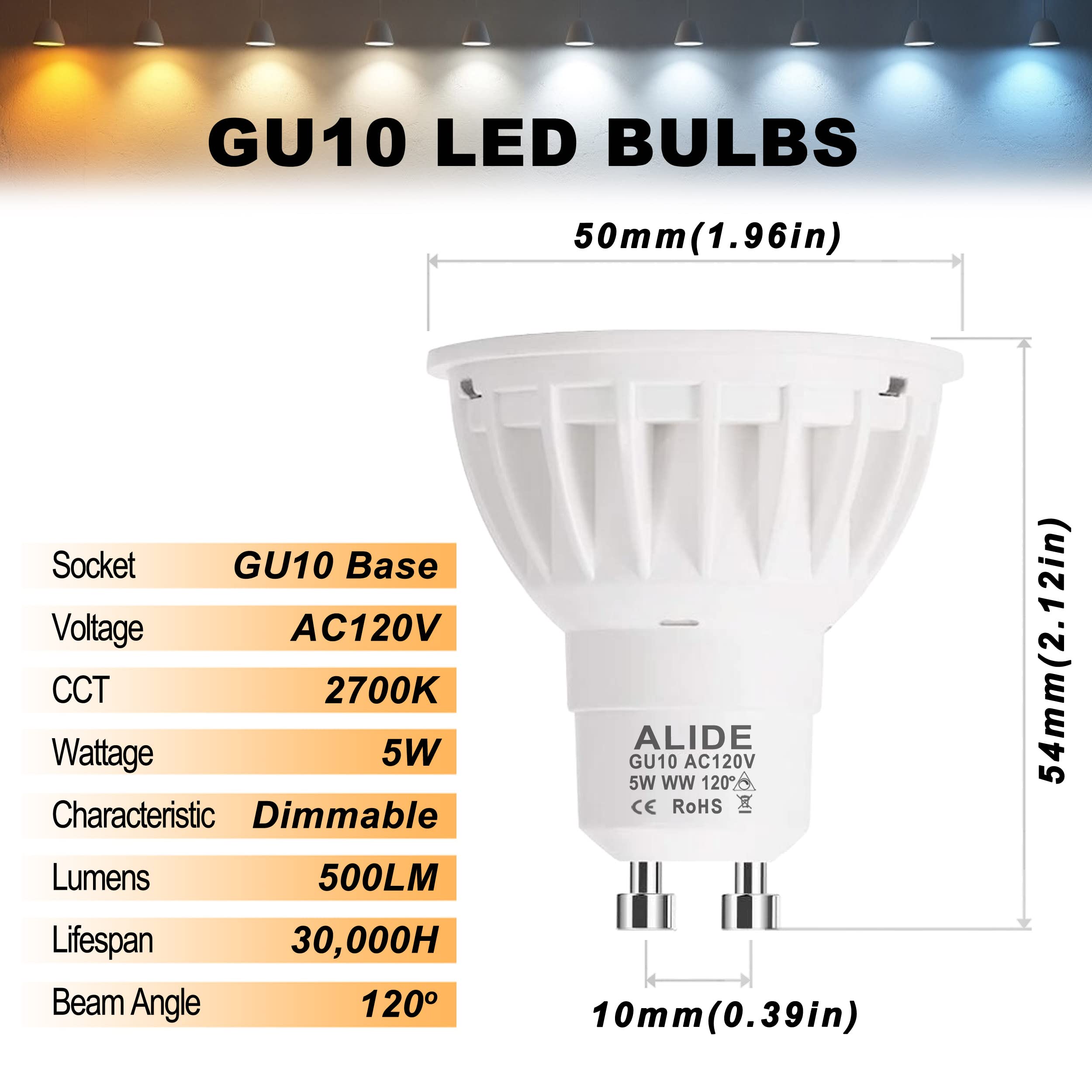 ALIDE GU10 Dimmable 5W LED Bulbs, 2700K Warm White, 120° Wide Angle, 6-Pack, Model AGU10432