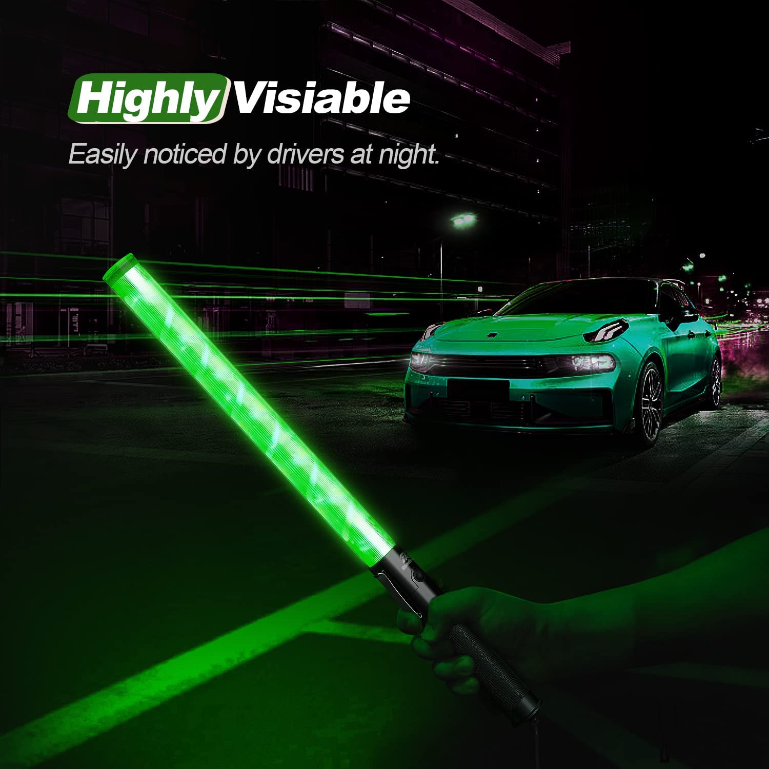 Roadhero 2 Pack 21Inch Traffic Wands, Green Led Traffic Control Baton, Night Safety Light Wand With 2 Flashing Modes, Air Marshaling Signal Wand With Side Clip For Airport, Parking, Car Directing