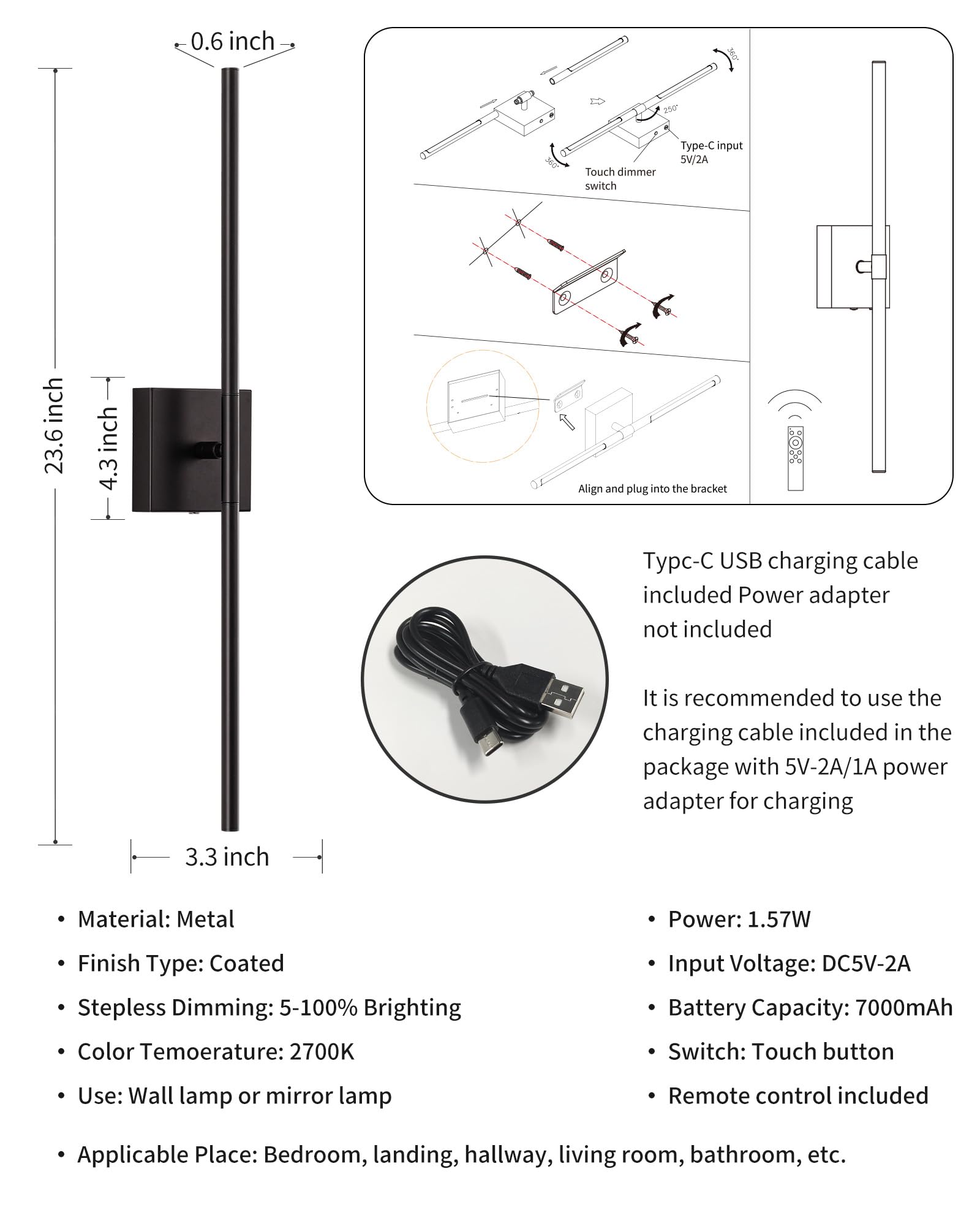 KDG Cordless Wall Sconces with Remote Control, 7000mAh Battery, 360° Rotation, 23.6 inch, Black