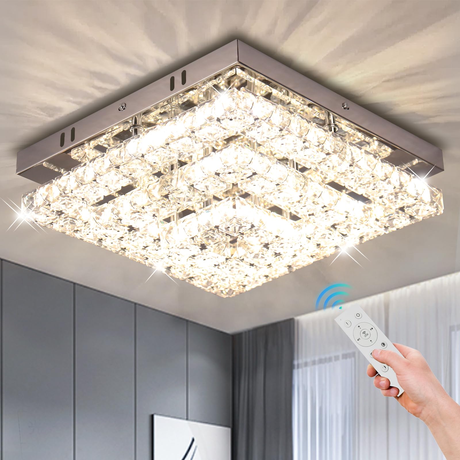 Cainjiazh Crystal LED Ceiling Light Chandelier, 11.8in Square, Dimmable, Stainless Steel and Crystal, Modern Design for Bedroom, Dining Room
