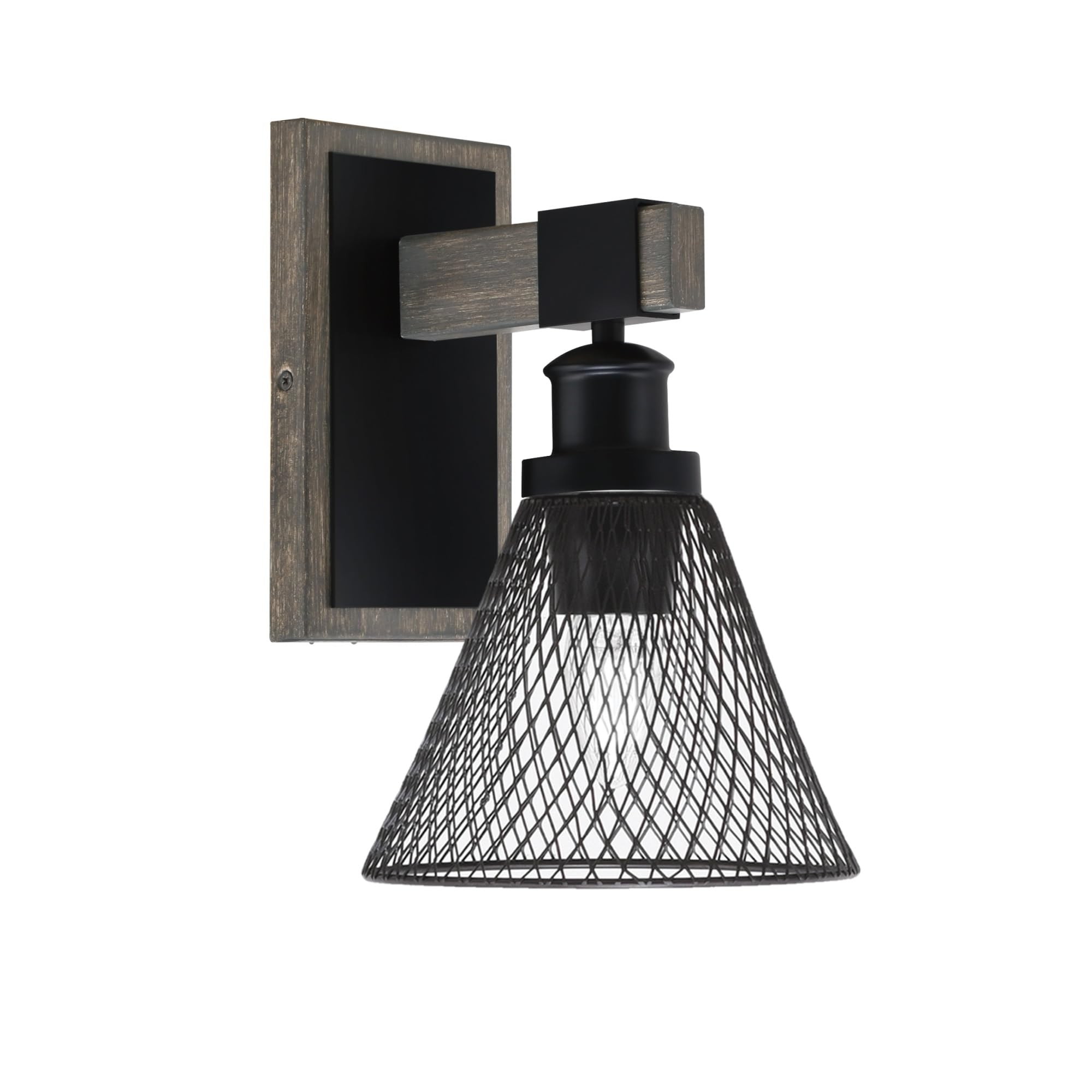 Toltec Lighting Tacoma Light Wall Sconce, Matte Black Cone Shade, Distressed Wood-Look Finish, Model 009025342256