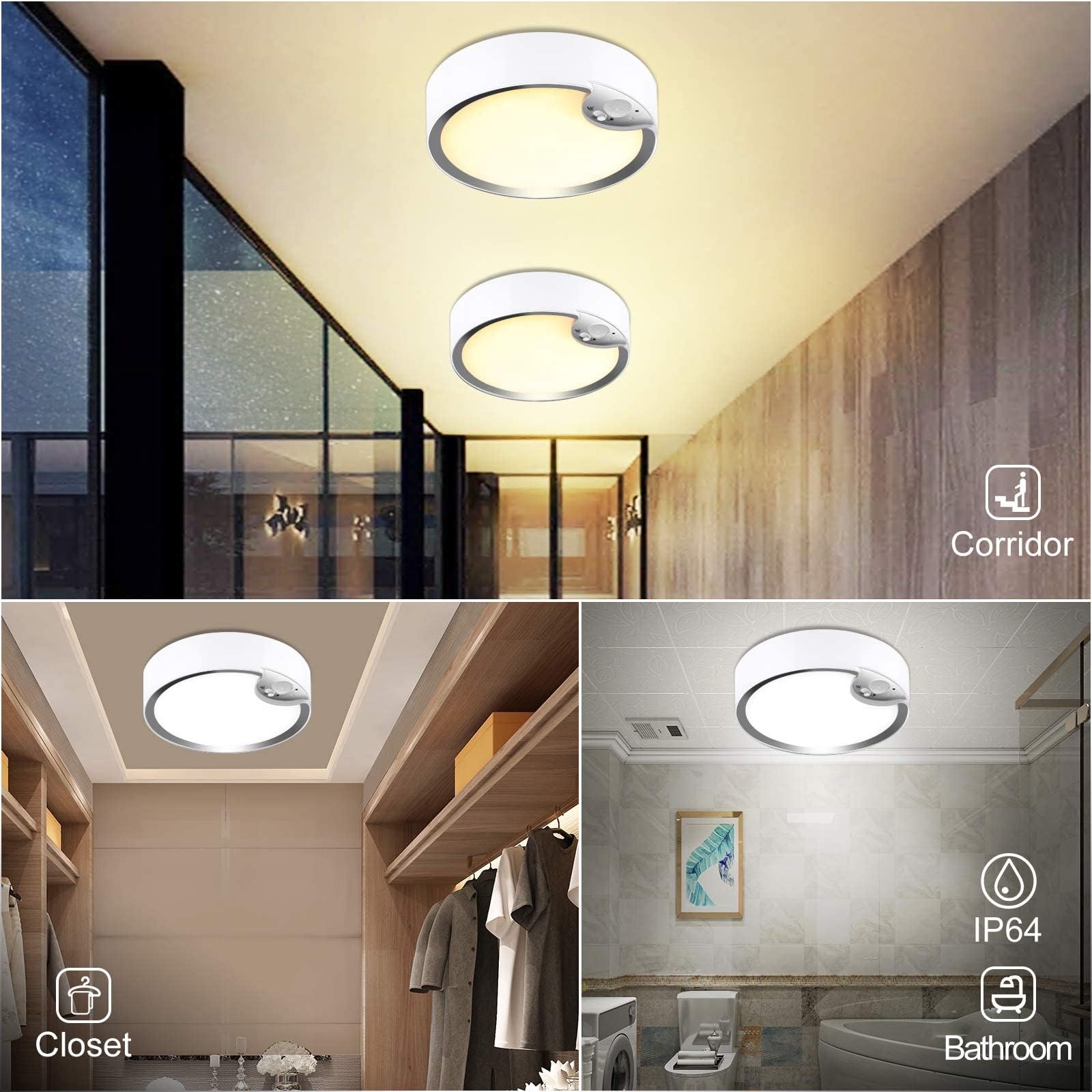 Lightess Battery Operated Motion Sensor Ceiling Light Wireless With Remote Control Indoor With 7000K For Closet Shower Garage Pa