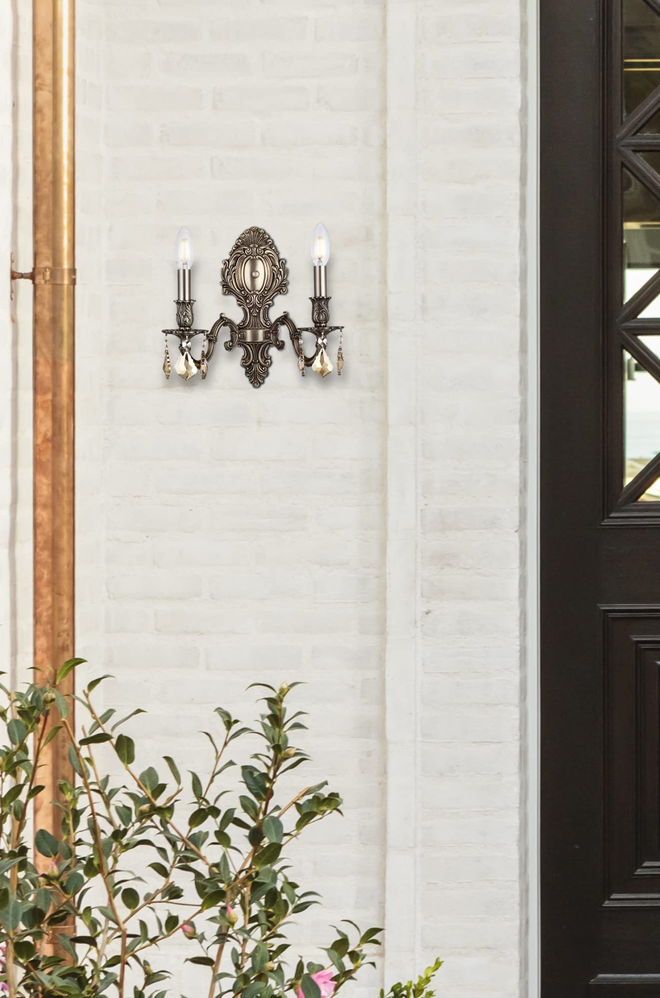 Elegant Lighting 9602W10Fg-Gt/Rc Royal Cut Smoky Golden Teak Crystal Monarch 2-Light Crystal Wall Sconce, Finished In French Gold With Smoky Golden Teak Crystals