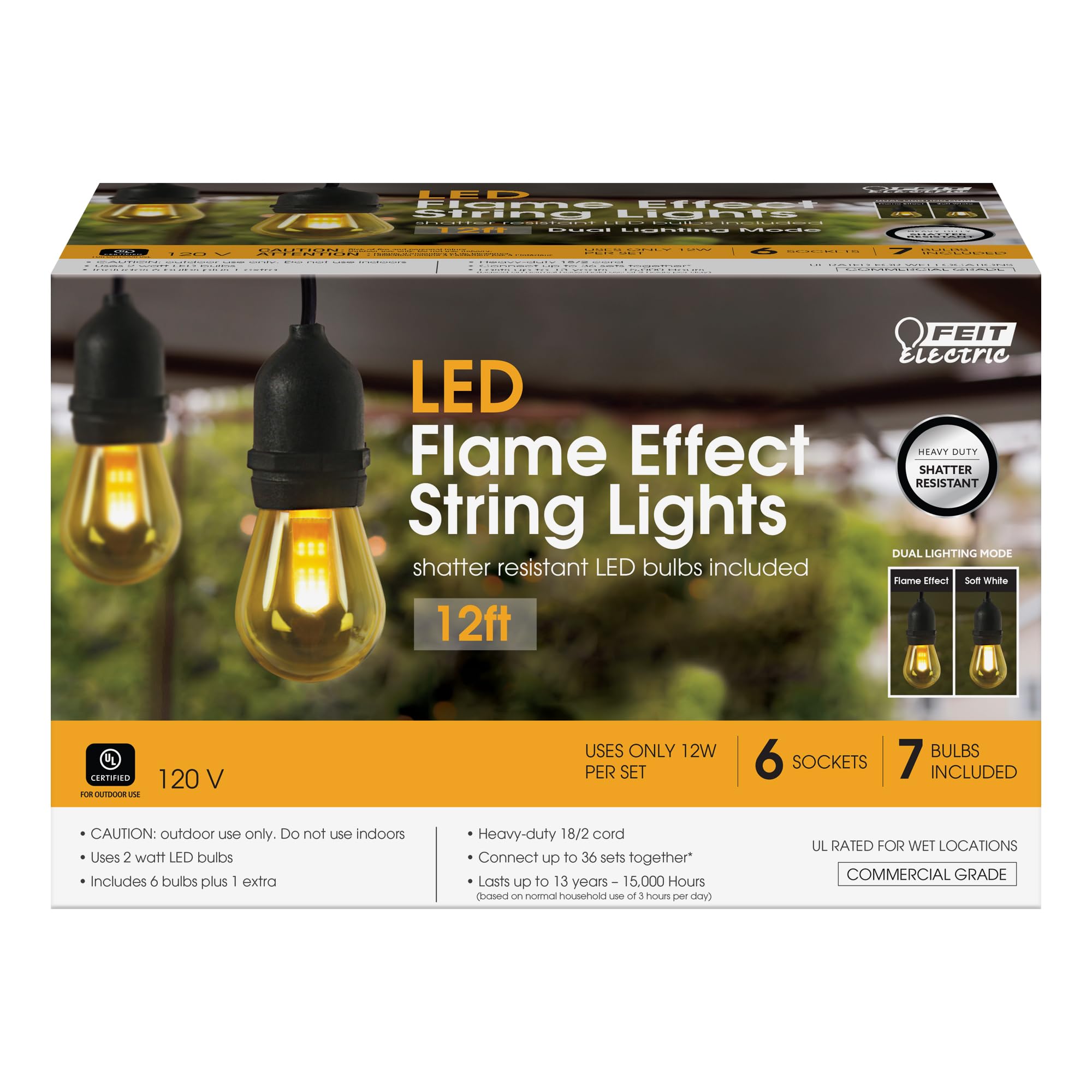 Feit Electric LED String Lights, 12ft Commercial Grade, 6 Sockets, 1800K Soft White, Model SL12-6/FLAME, 15,000-Hour Lifetime