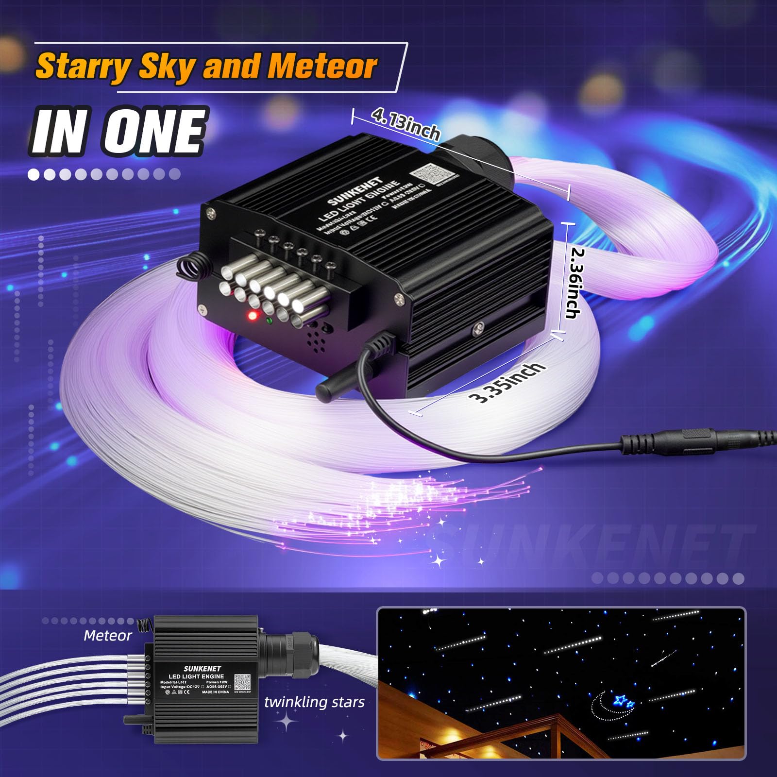 SUNKENET RGBW Starlight Headliner Kit, 12W, 450pcs Meteor Lights, 9.8ft, Bluetooth App/Remote Control, Model QJ-L012