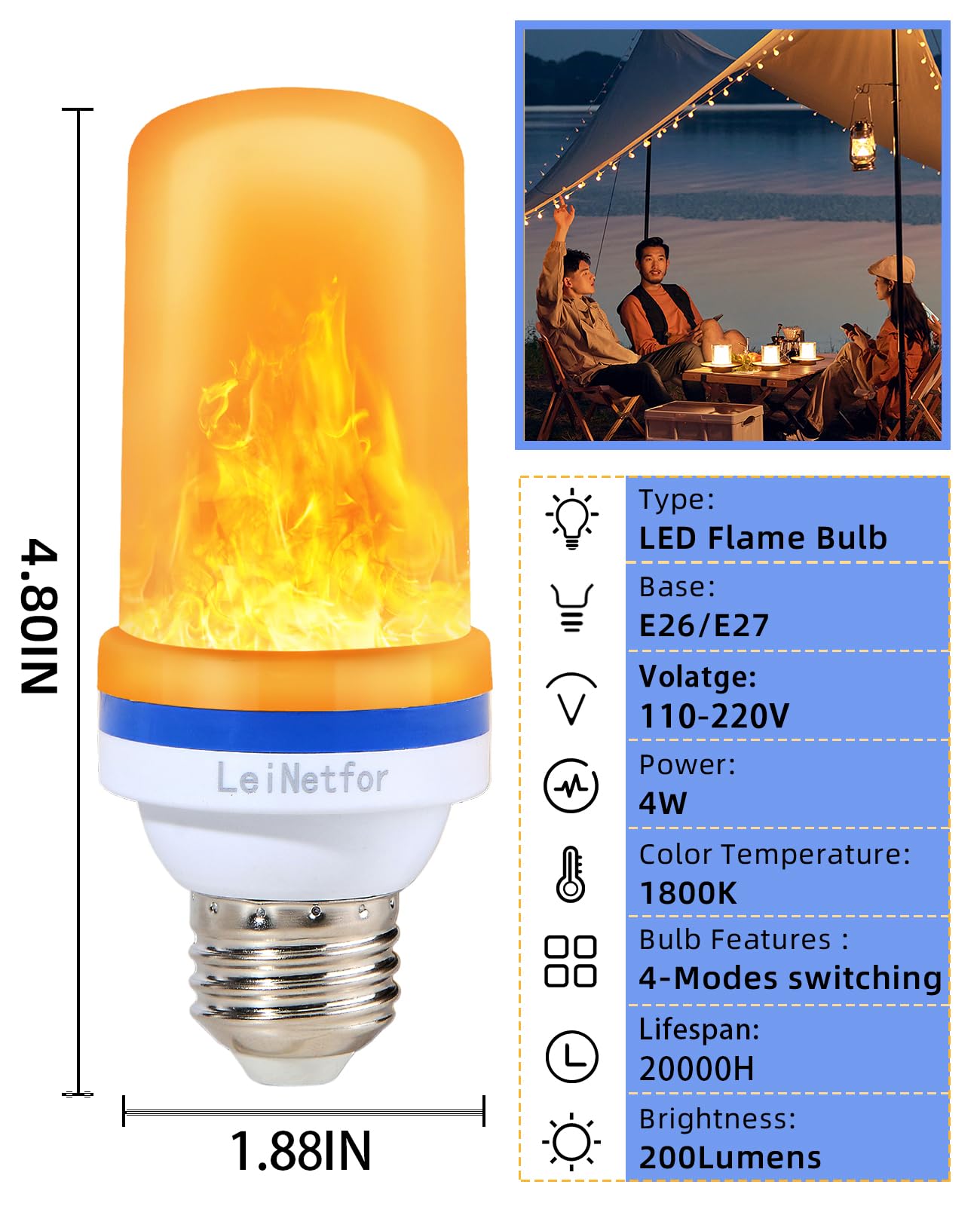 LeiNetfor LED Flame Light Bulbs, 4 Modes E26 Fire Effect, Yellow 2-Pack, Halloween Outdoor Decor, Model LN-LED-Y0001