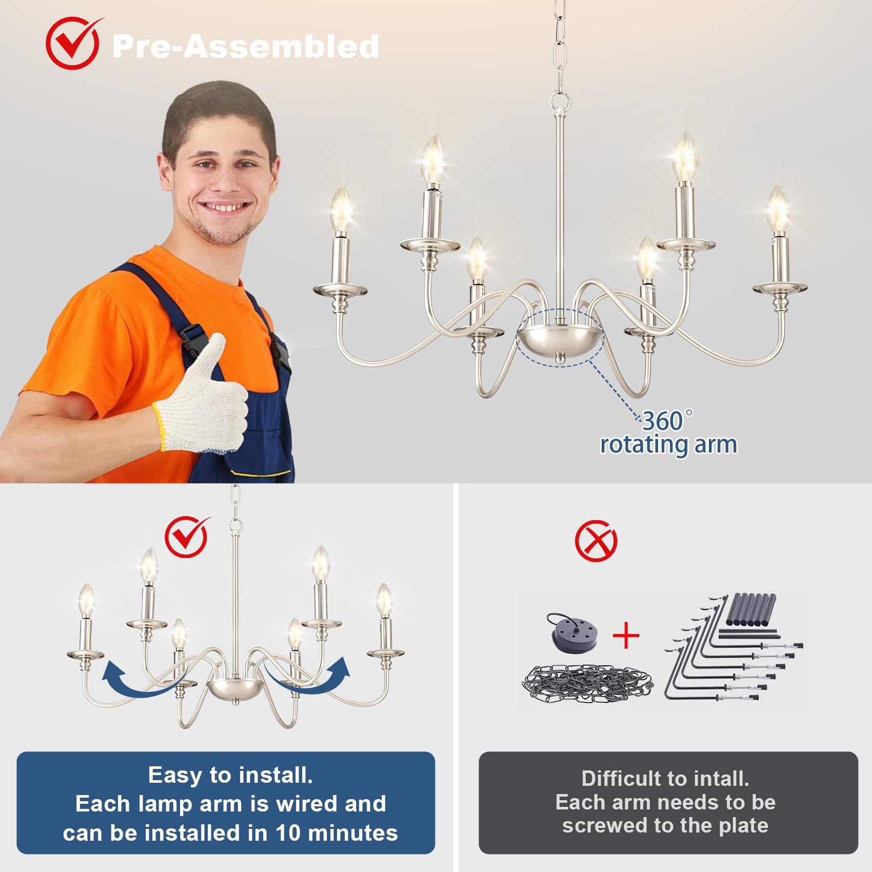 Depuley Modern Chandelier For Dining Room: 6-Light Brushed Nickel Farmhouse Hanging Ceiling Pendant Light Fixture Fixture For Ki