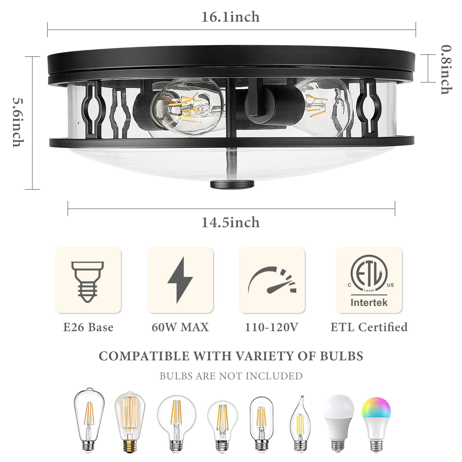 Luminzone 16&quot; Flush Mount Ceiling Light, 3-Light Black Iron Fixture For Indoor/Outdoor Use