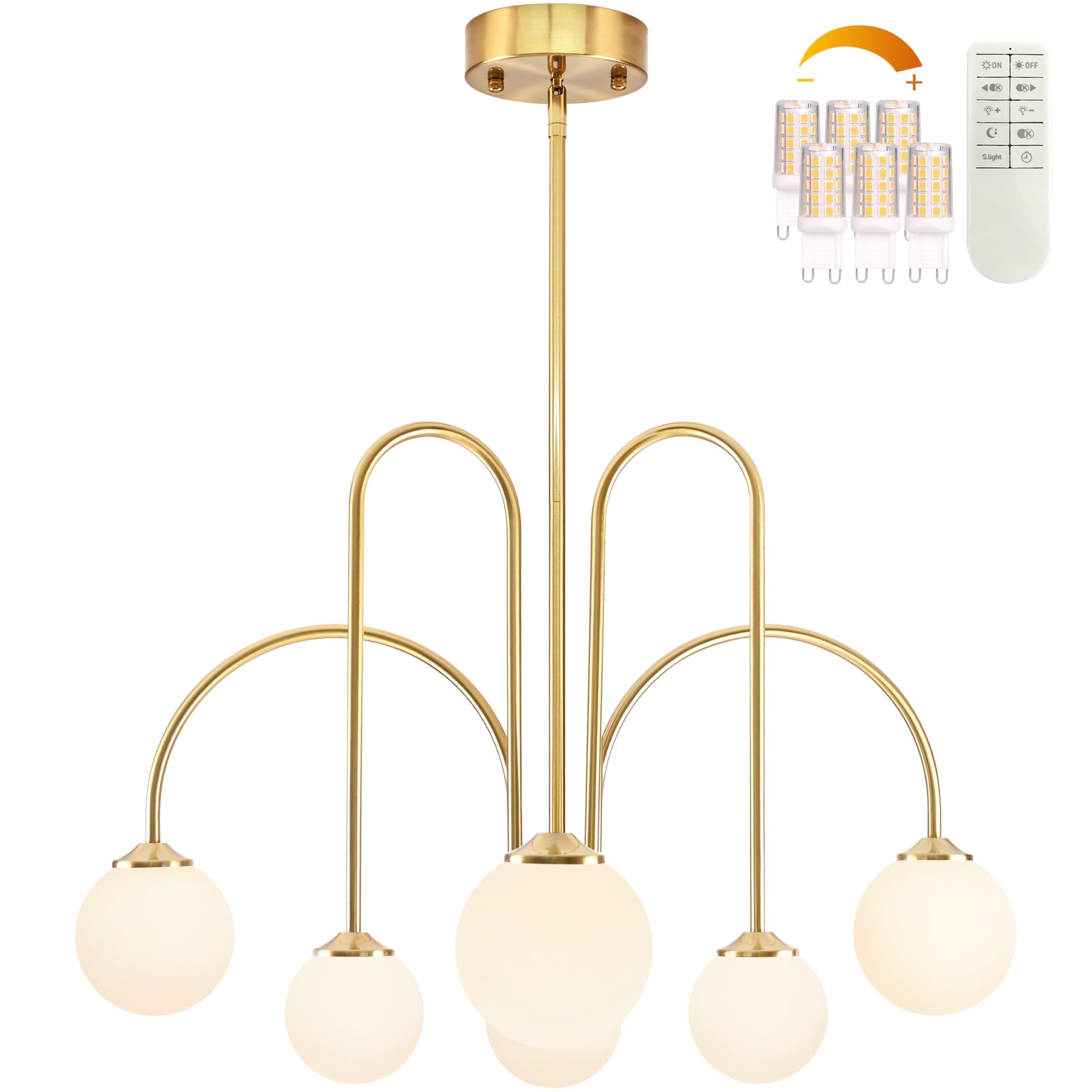 Bagood Gold Sputnik Chandeliers 6-Light Sputnik Light Fixture Mid Century Modern Chandelier With Milk Glass Globe Shade 29.5    