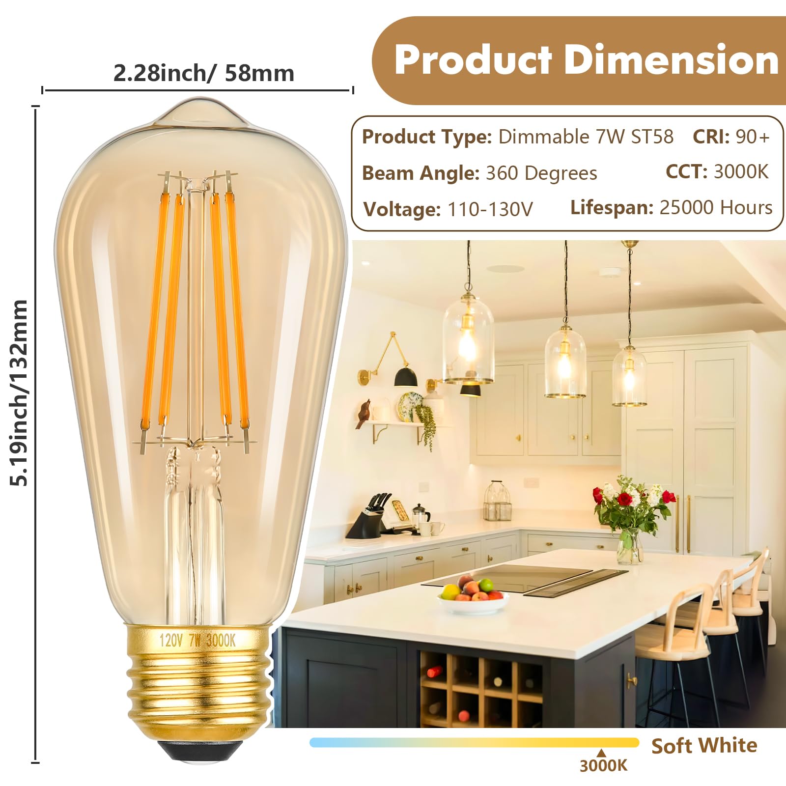 Kondras 7W Dimmable Led Light Bulbs, 60Watt Equivalent Edison Bulbs, St58 Amber Glass Vintage Led Bulbs, Warm White 2700K, E26 B