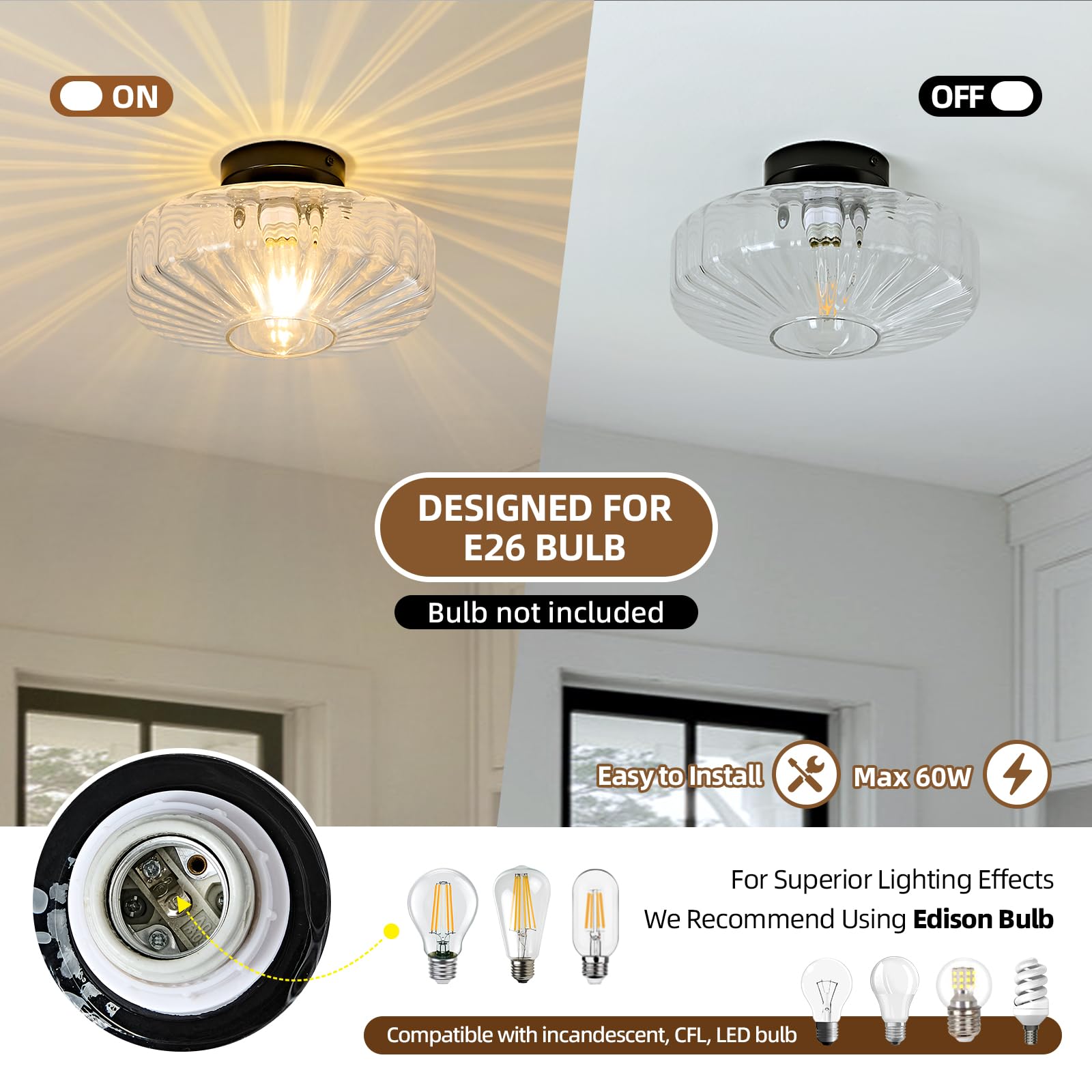 Mazu House Glass Semi Flush Ceiling Light Fixture - Vintage Mid Century Modern - 12 in - Clear Glass - Model DDXD09-TM-300