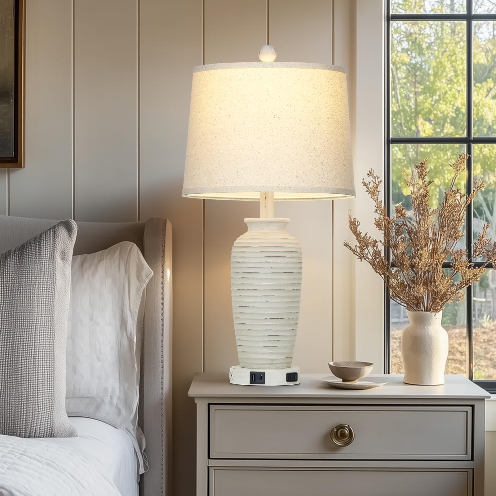 CINSARY 25" Retro White Farmhouse Jar Table Lamps Set of 2, 3 Way Touch Control with USB Ports, LED Bulbs Included