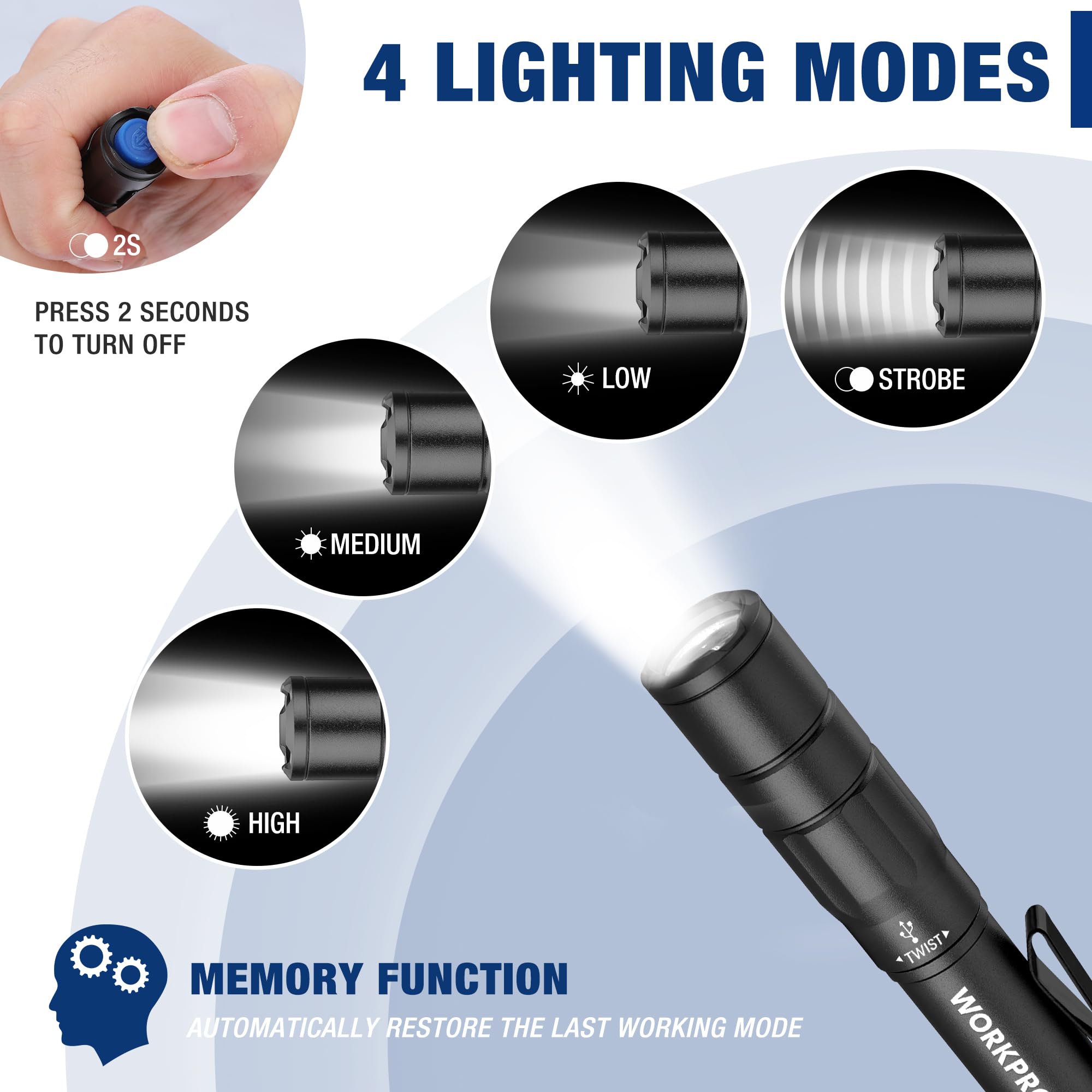 WORKPRO Rechargeable Pen Light, Mini Flashlight 2 Pack, Ultra-Compact with Clip, Black, Model W139017