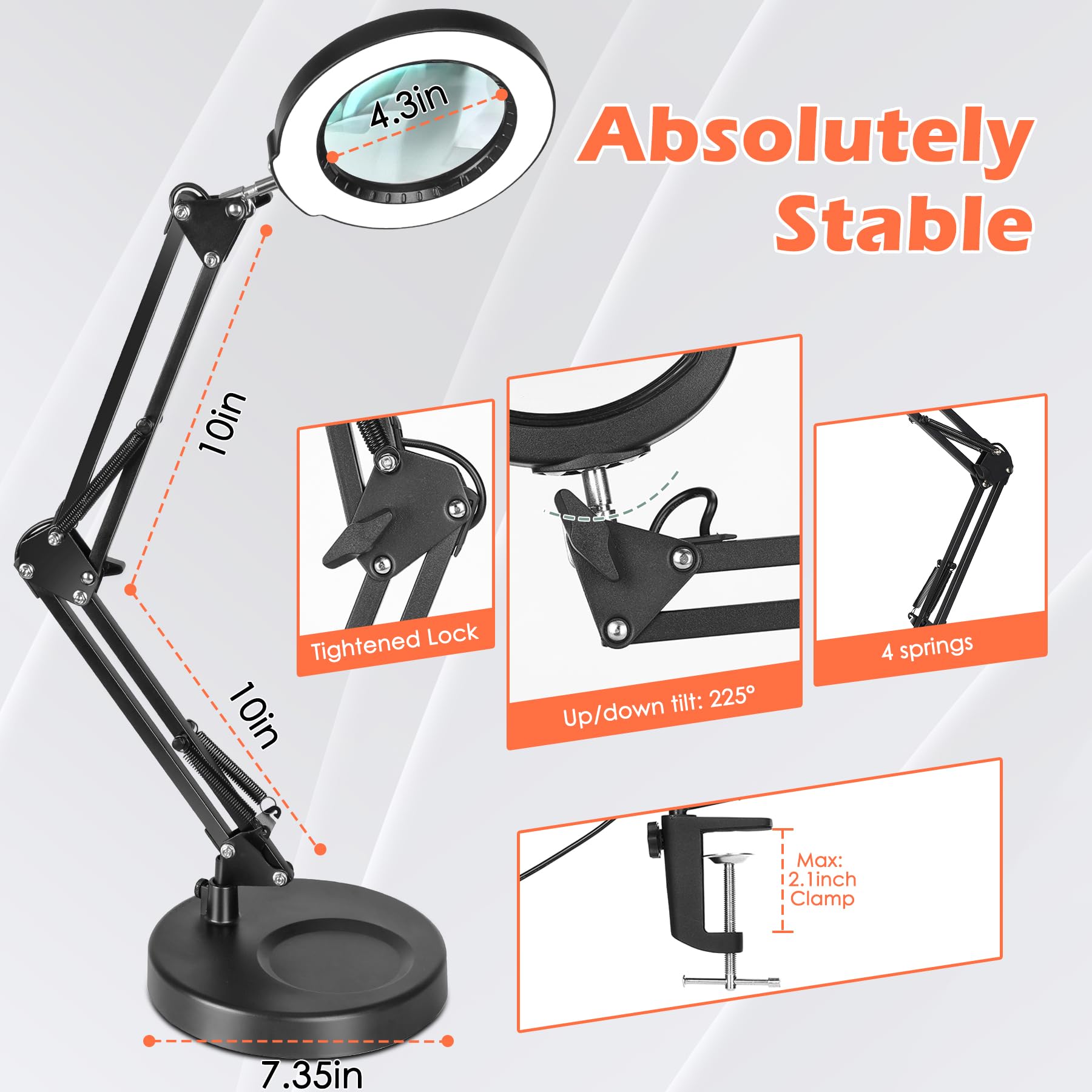 Magnieopti 10X Magnifying Glass With Light And Stand, Real Glass Lens Magnifying Desk Lamp, Lighted Magnifier With Light Steples