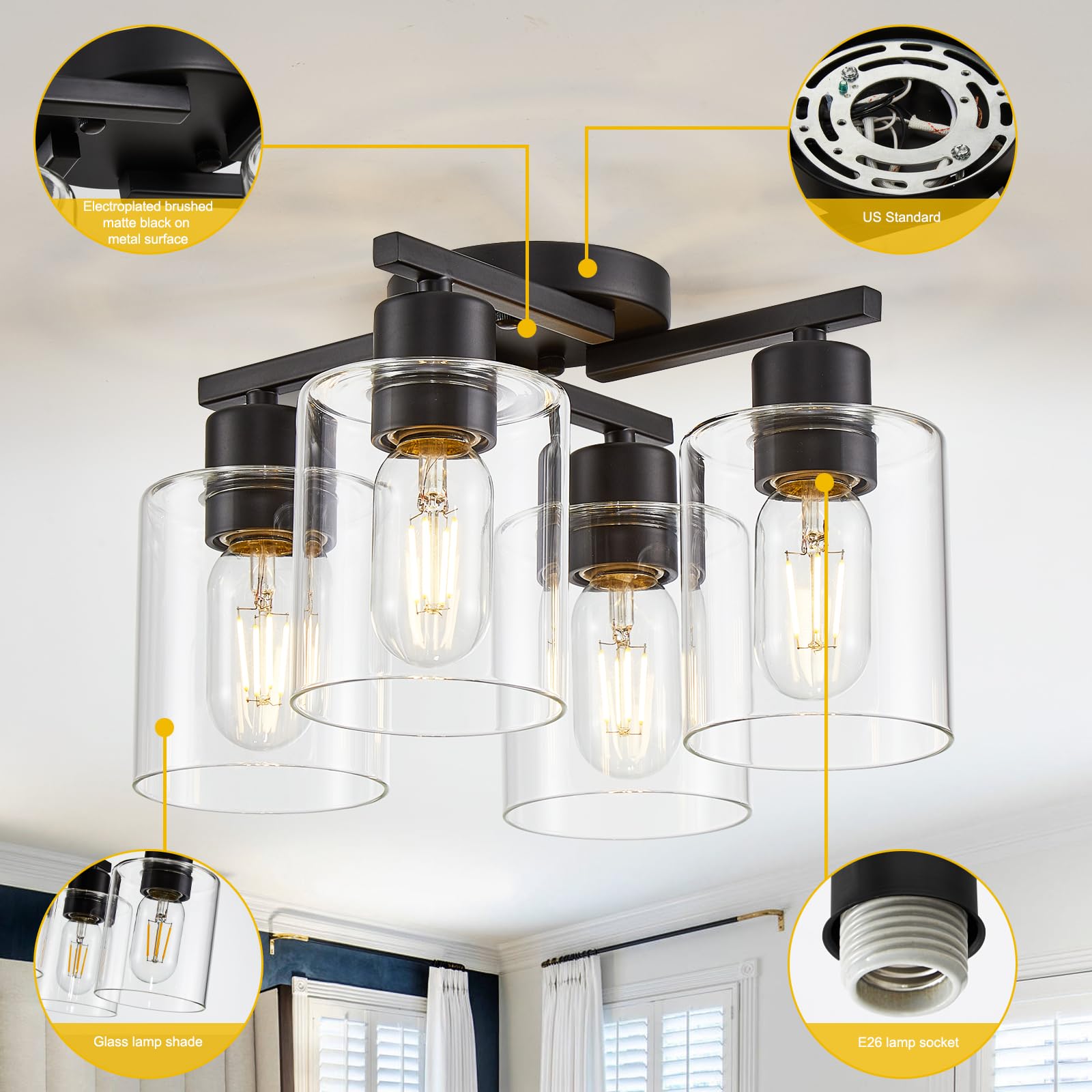 Diduio Kitchen Lighting Fixtures Ceiling, Black Semi Flush Mount Ceiling Light, 4 Light Kitchen Light Fixtures Cieling Lights Wi
