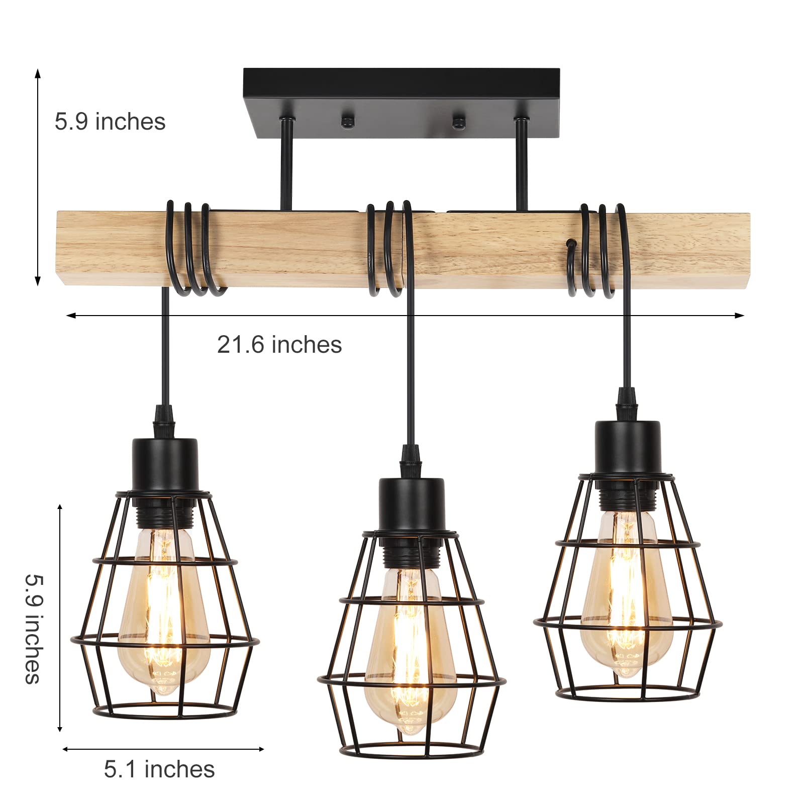 JS NOVA JUNS 3-Light Semi Flush Mount Ceiling Light, Metal Cage, Solid Wood, Black, Model JS118