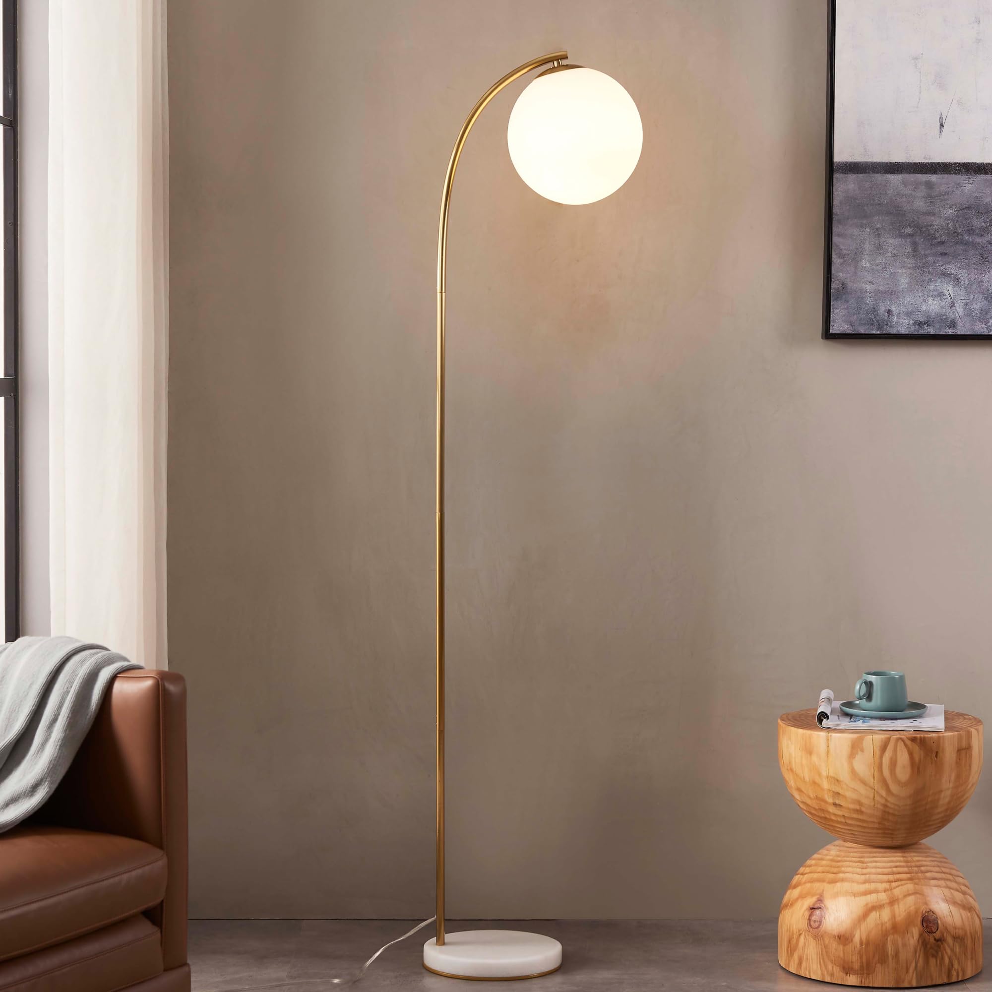Brightech Luna Drop Led Floor Lamp, Frosted Glass Globe Arcing Living Room Lamp, Mid-Century Modern Standing Lamp For Living Roo