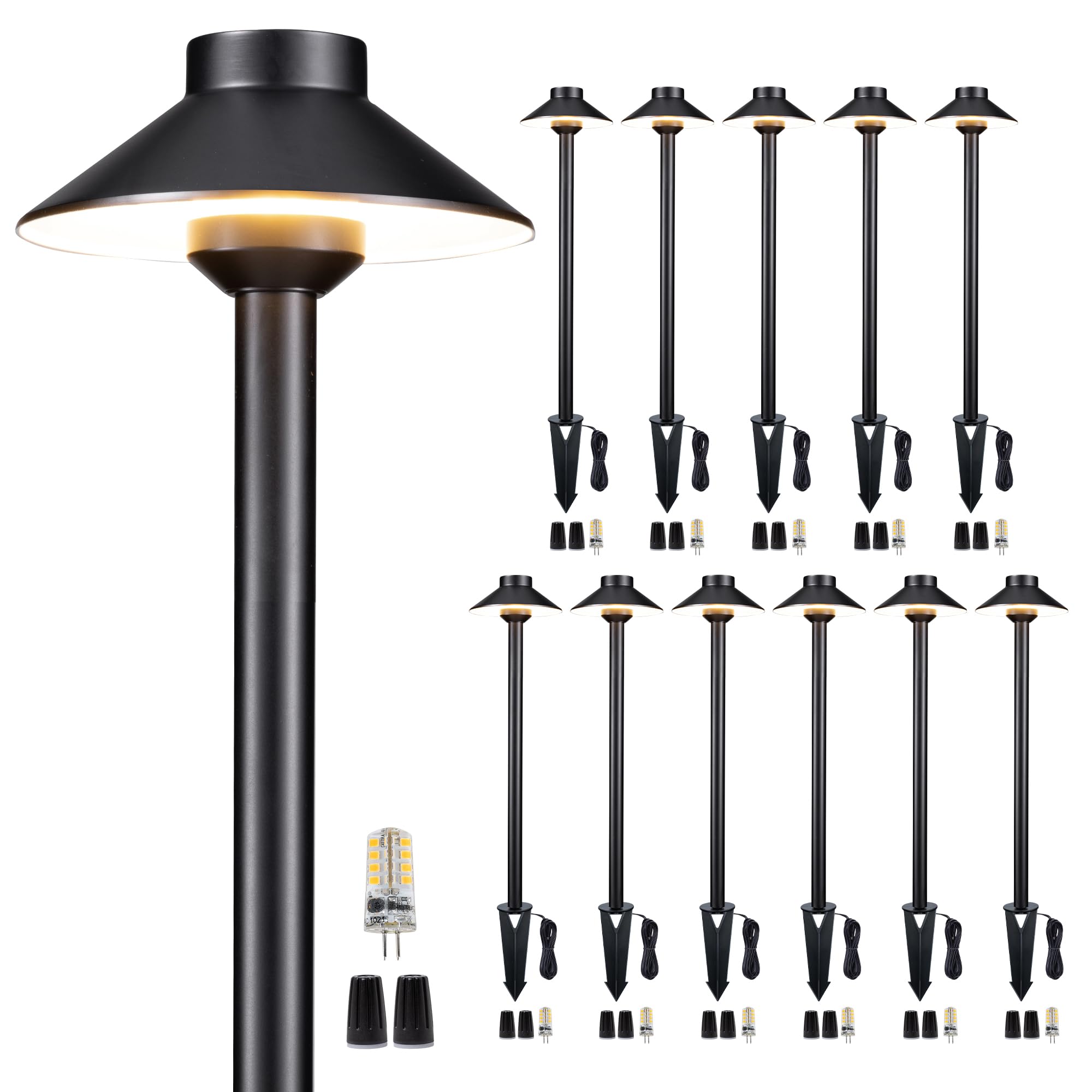 Gardenreet Solid Cast Brass Pathway Light - 12V Landscape Path Lights Outdoor Waterproof, Electric Walkway Lamp Wired, Hat Shape Black Garden Decorations With 3W 2700K Warm White G4 Bulb (12 Pack)