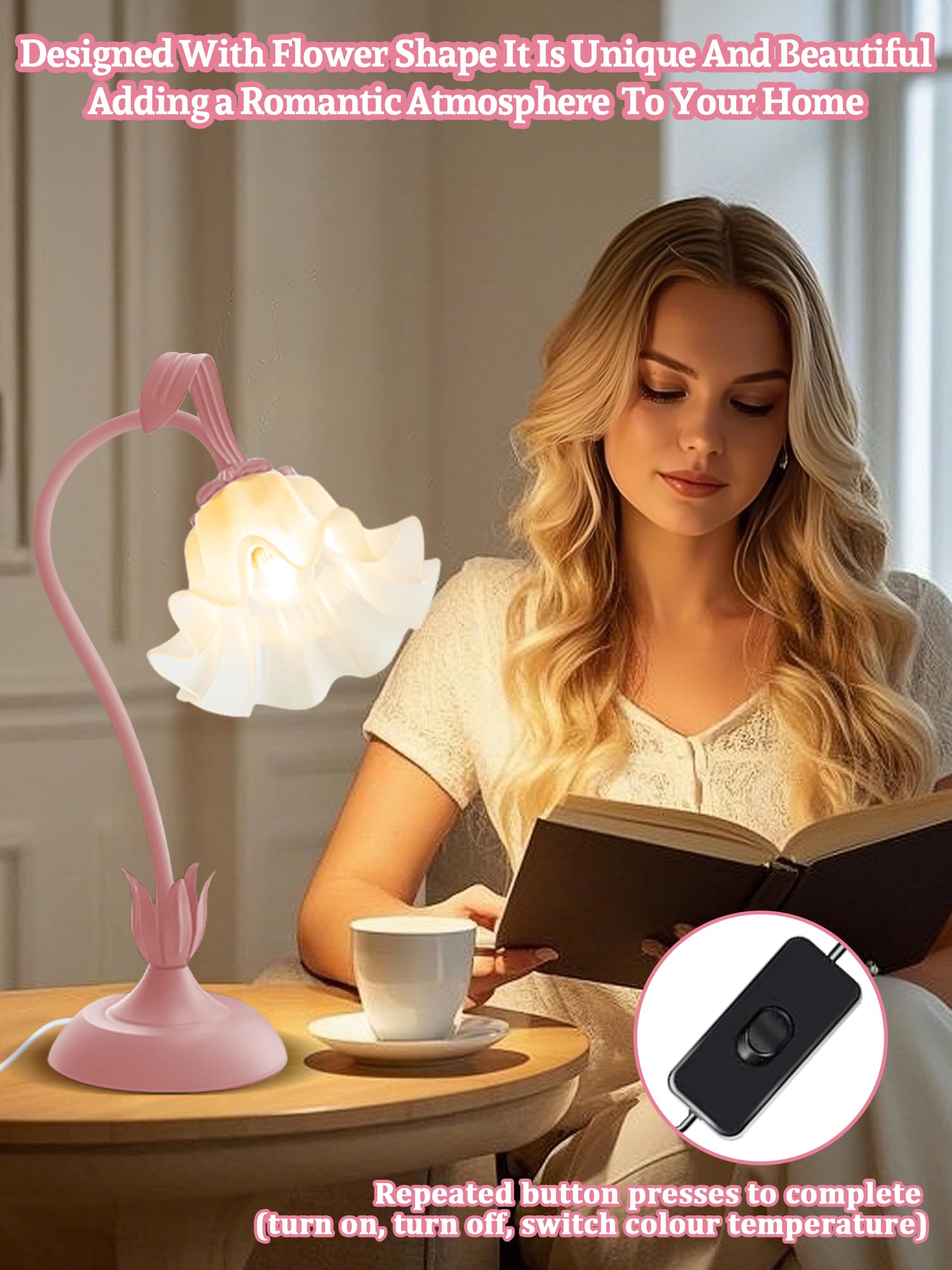 WULCFCH Vintage Flower Table Lamp - Pink LED Bedside Light, 3 Color Modes, Model huadeng-1, Perfect for Bedroom & Living Room Decor