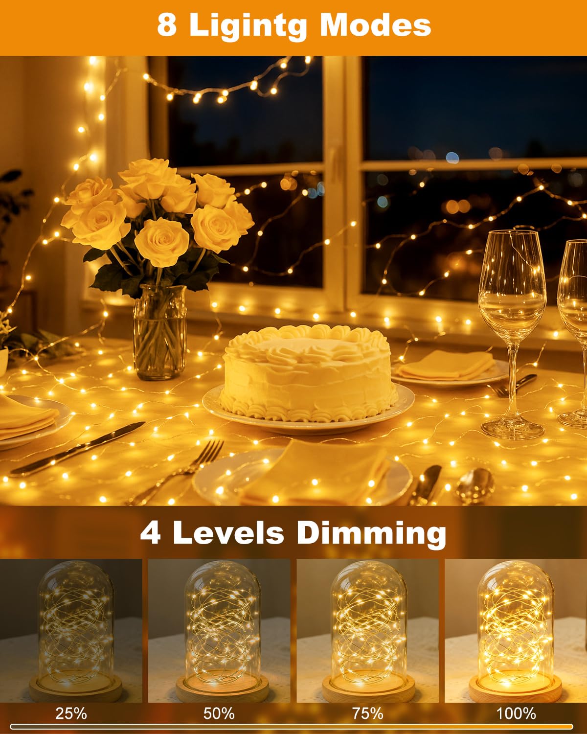 btfarm Rechargeable Fairy Lights, 33FT 100LED, Remote & Timer, 8 Modes, Waterproof, Warm White, 1 Pack