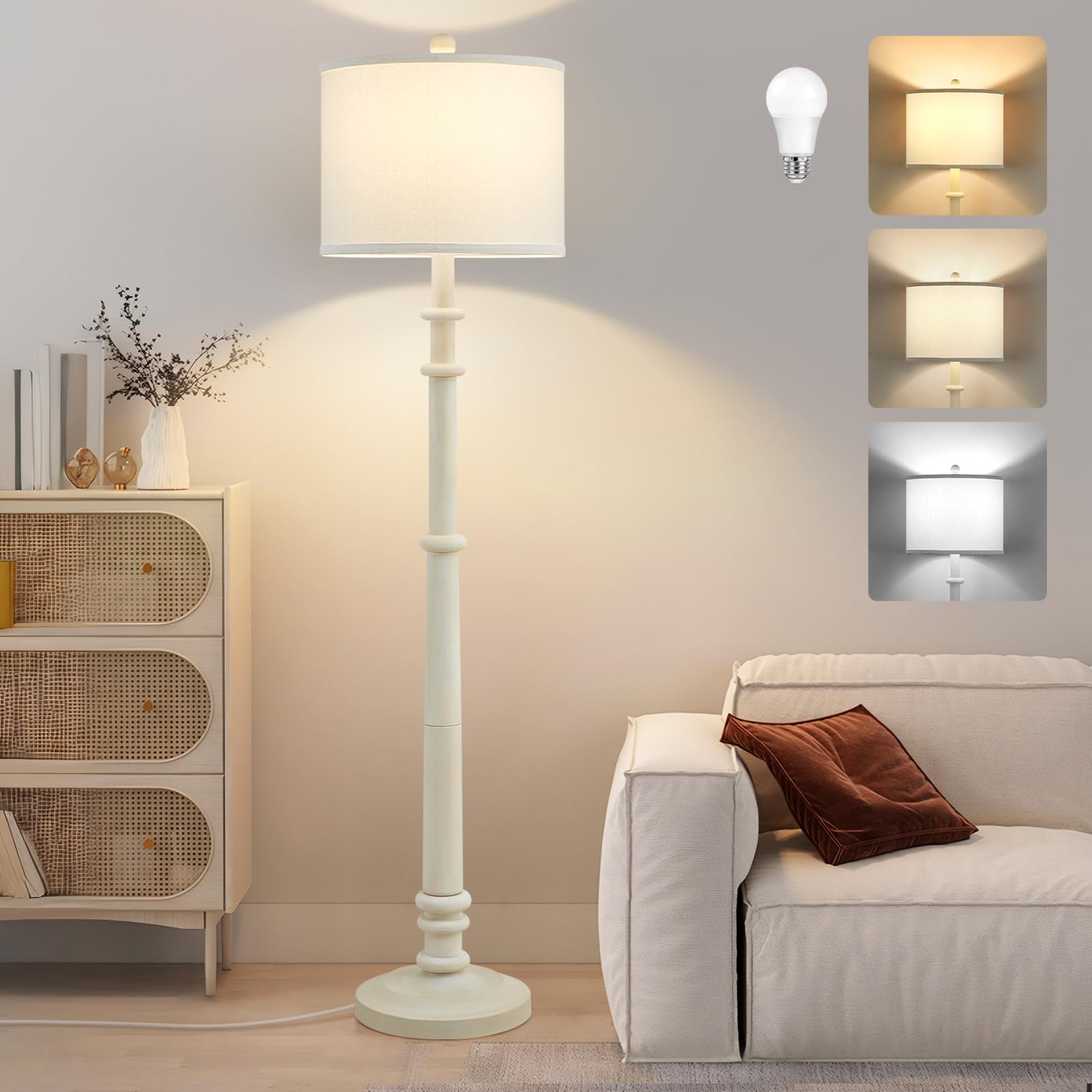 EJIAXIN Floor Lamp - 60in Vintage Standing Lamp with Linen Shade, 3 Color Temperatures, Almond White Resin for Living Room/Bedroom