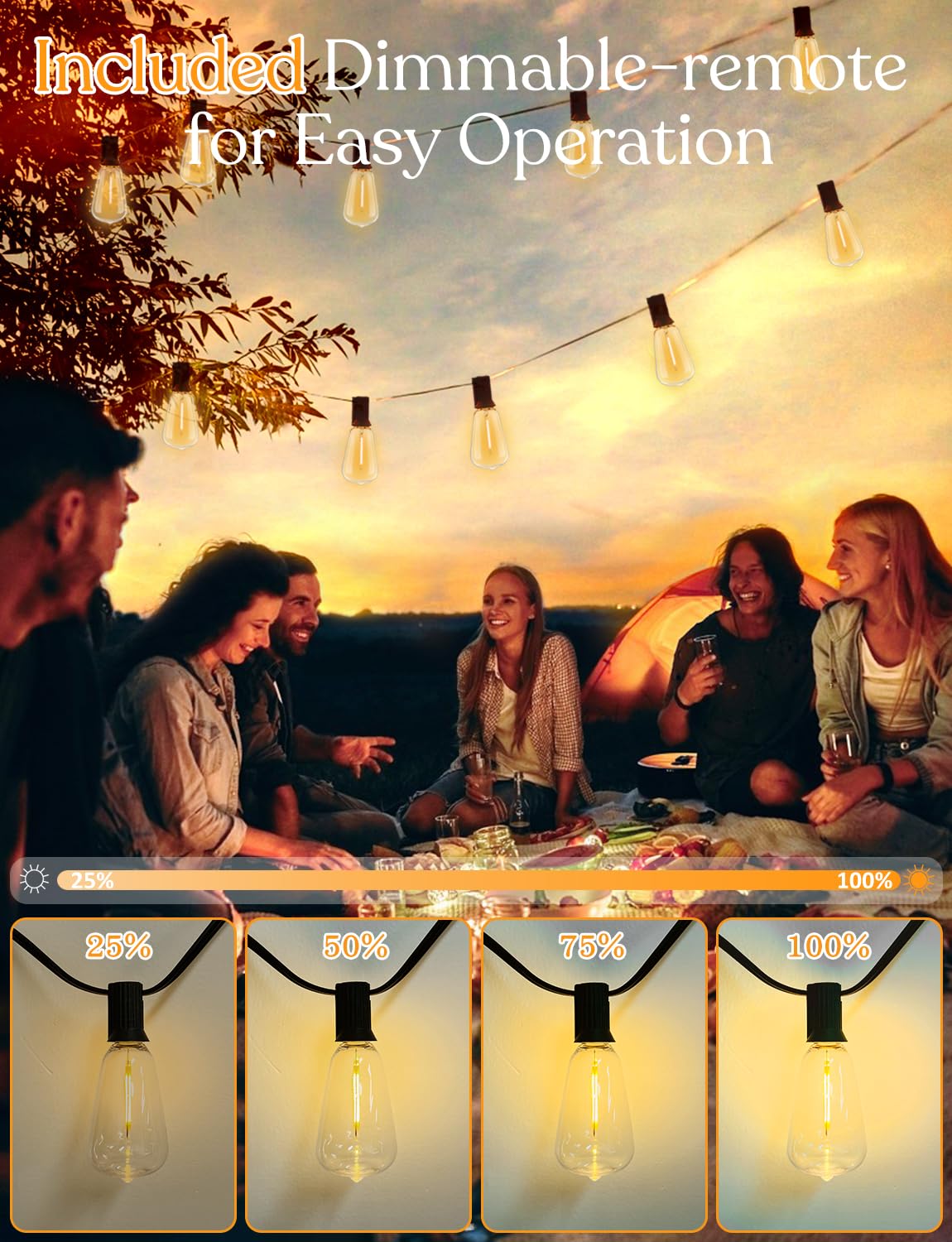 Yoyonacy 100 Ft Outdoor String Lights For Outside - Led Patio Lights Waterproof With Dimmer Remote - Hanging Lights Shatterproof