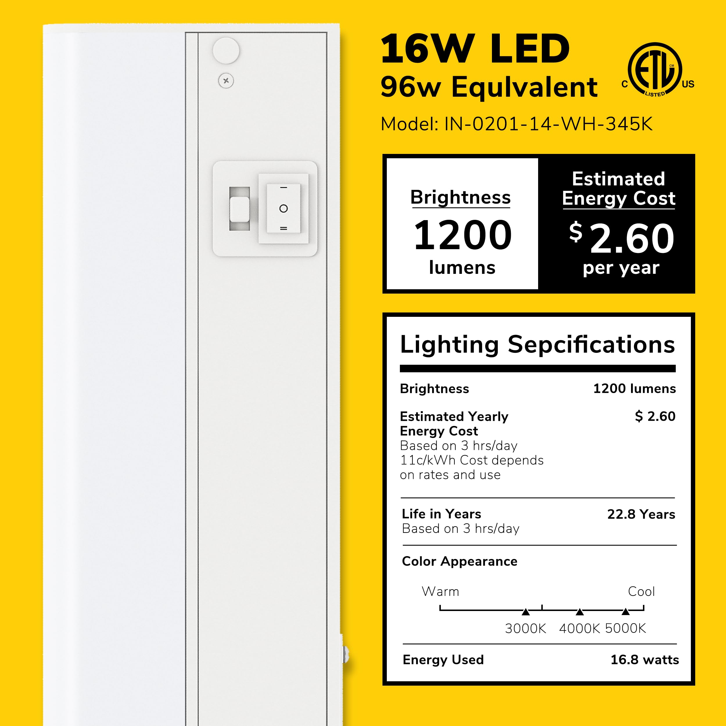 GETINLIGHT LED Under Cabinet Lighting, 30-inch, Hardwired, Dimmable, 3 Color (Soft White, Bright White, Daylight), Metal, Model IN-0201-14