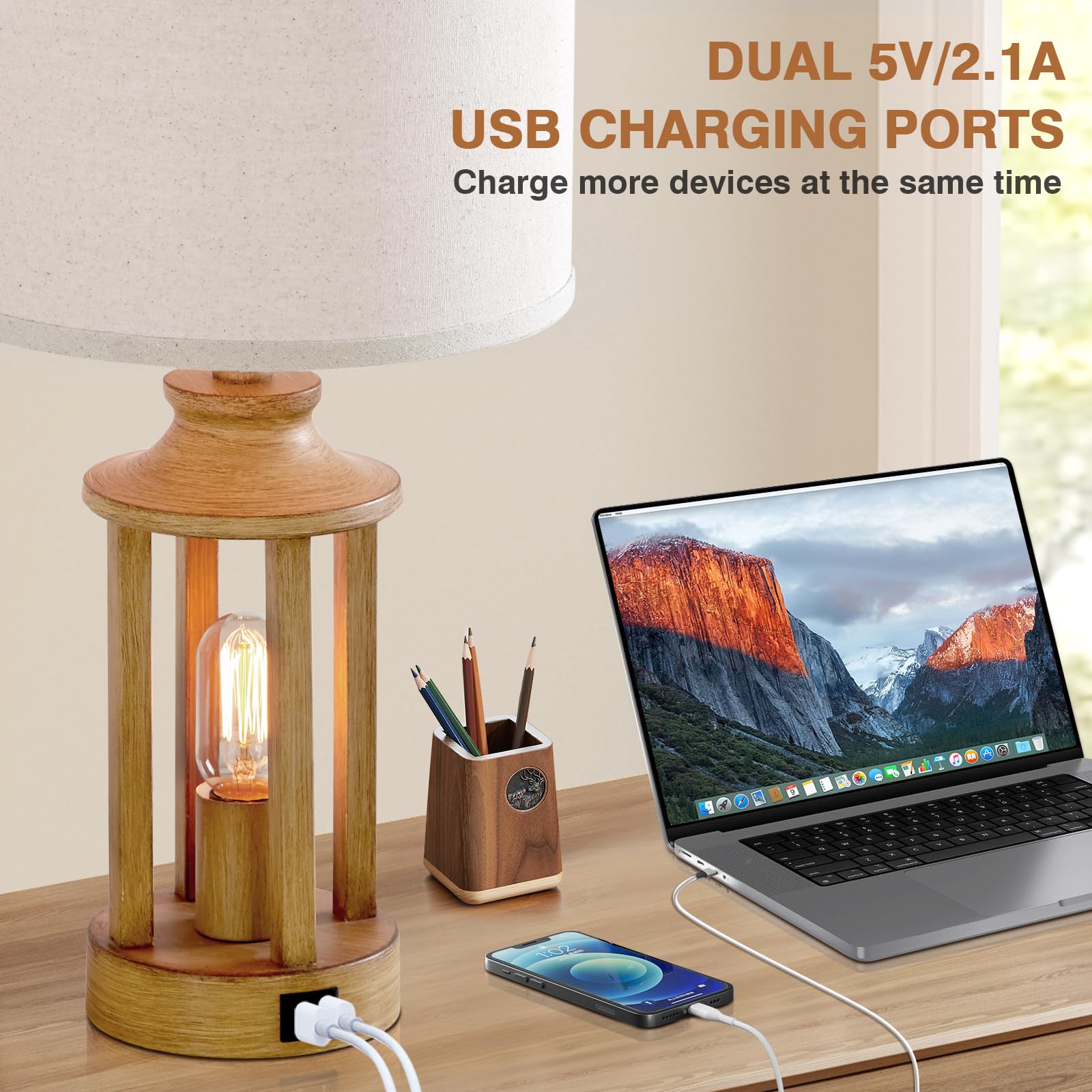 Ruzectt Touch Control Table Lamp Set of 2, 3-Way Dimmable, USB Ports, Rustic Design, Large, Wood, Model TD-RZ-148