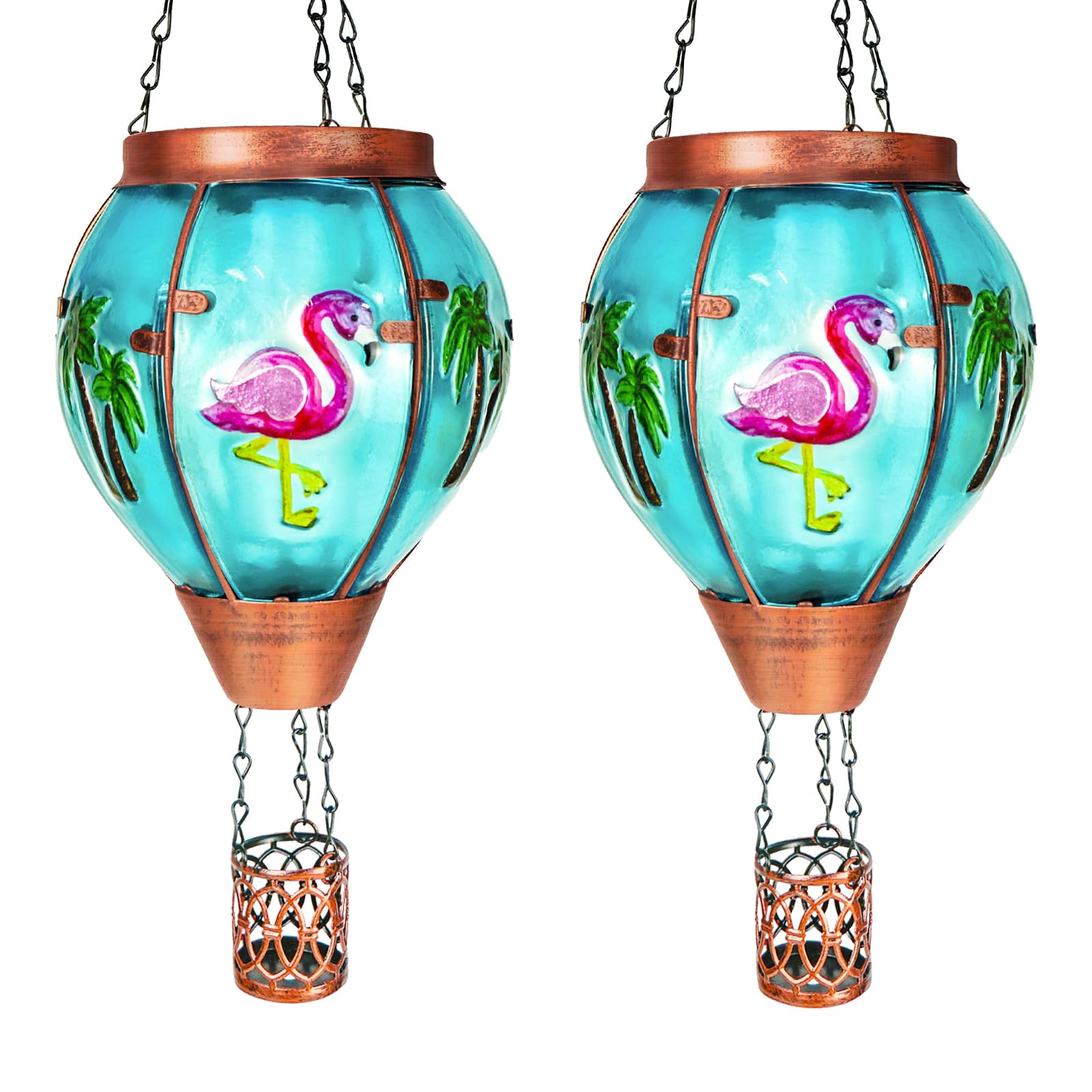 2 Pack Solar Hot Air Balloon Lantern With Flame, Flamingo Glass Solar Outdoor Lights for Patio Garden Decor, Gifts for Women Gra