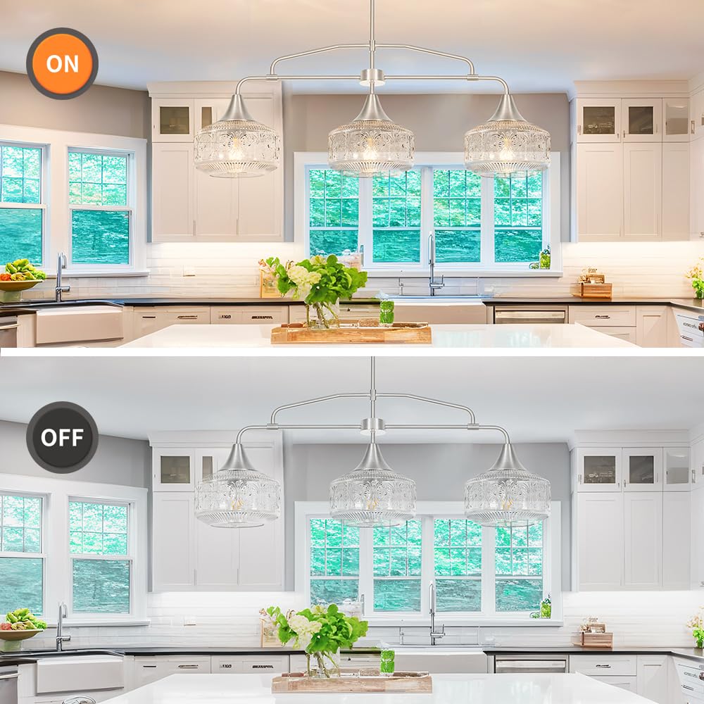 3-Light Island Light For Kitchen  Adjustable Farmhouse Kitchen Island Lighting With Clear Glass  Brushed Nickel Dining Room Light Fixture Over Table  Linear Chandelier Pendant Lighting Over Sink