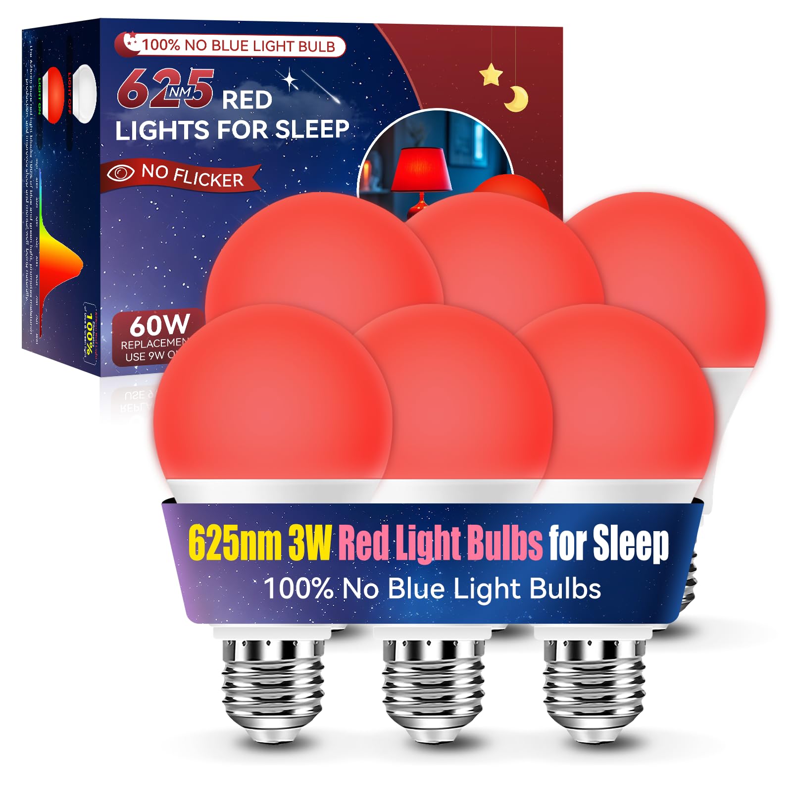 Neporal Red Light Bulbs - 3W LED Night Light for Sleep, 6 Pack, A19 40W Equivalent, 100% Blue Light Blocking, ABS Material