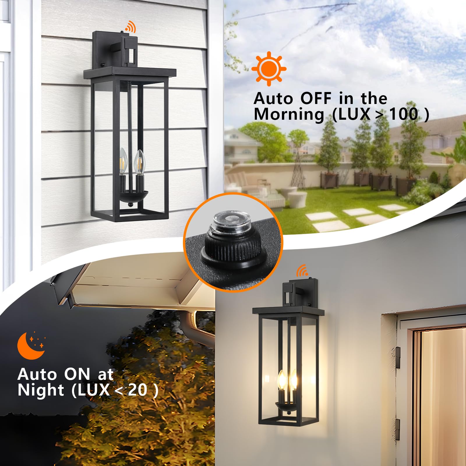 tewei 22 Inch Outdoor Wall Lights, Dusk to Dawn Black Lantern Sconce, 2 Pack with Clear Glass Shade for Garage and Porch