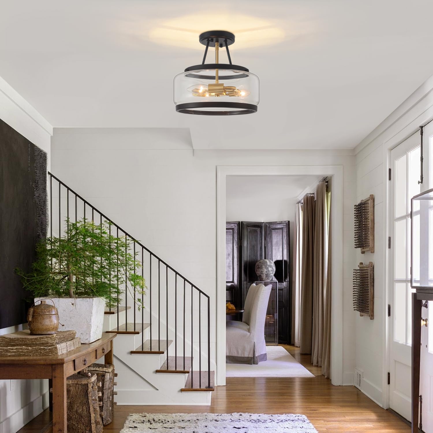 11.81 Black And Brushed Gold Close To Ceiling Light  3-Light Modern Drum Light Fixtures  Hallway Ceiling Lights  Glass Ceiling Lamp For Entryway Bedroom Laundry Kitchen Dining Room Lighting Ul-Listed