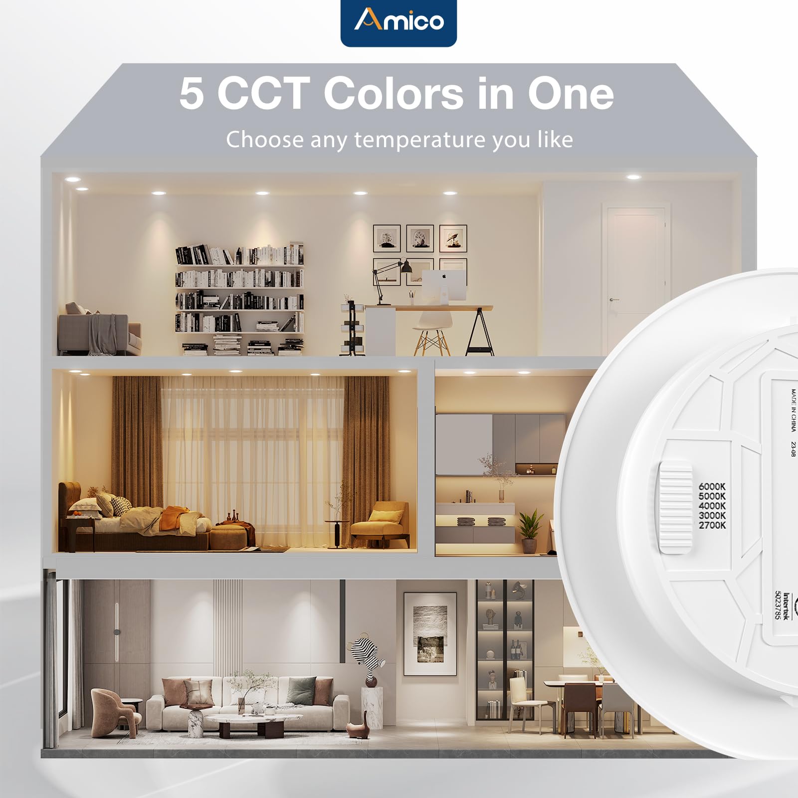 Amico 5/6 Inch Recessed Lighting - 24 Pack 5CCT LED Can Lights, 1050LM Brightness, White, Model FXF01181