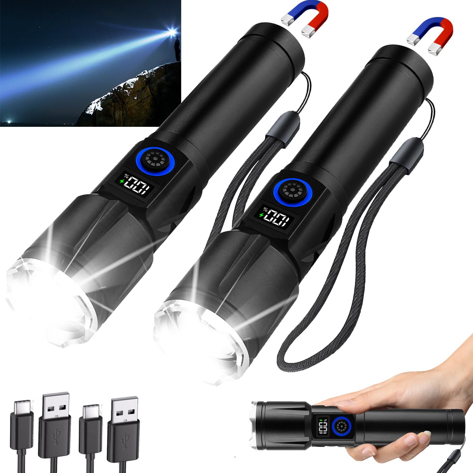 Sogidon Rechargeable Flashlights - 1000000 Lumens, 5 Modes, USB C, Zoomable, Small - 2 Magnetic Flashlights, Black, Model 01