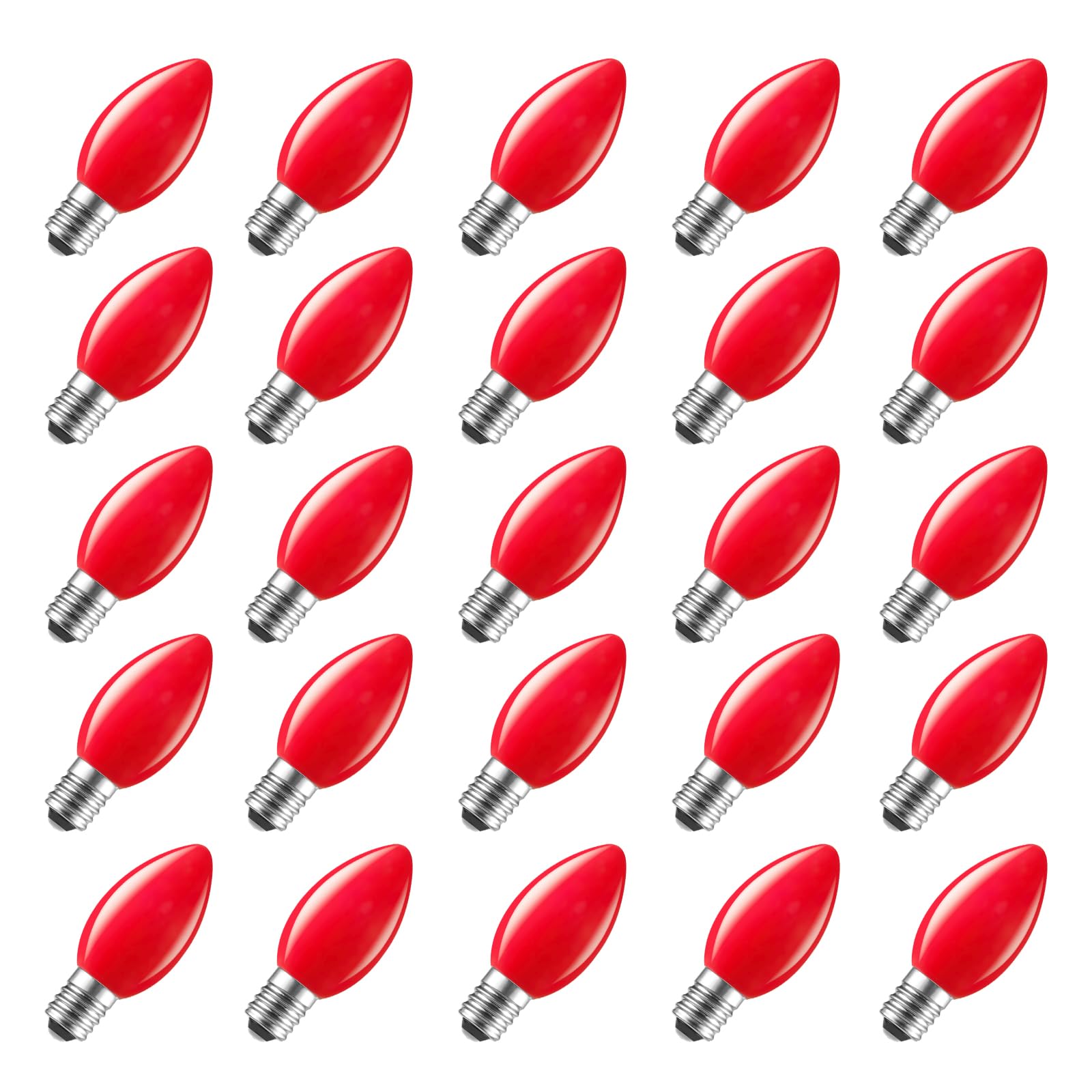 25 Pack C7 Led Christmas Lights Bulb  C7 Replacement LED Christmas Lights Outdoor Bulb  C7 Shatterproof Led Bulb for Christmas String Lights  E12 Base  Commercial Grade Red Bulbs