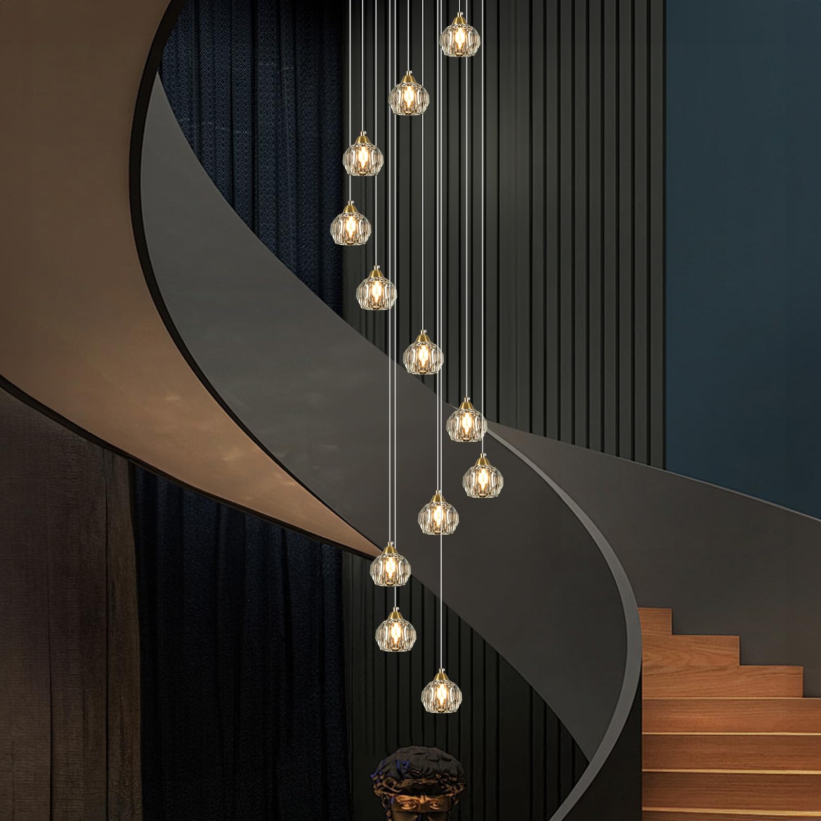 Weesalife 12-Light Crystal Chandelier, Brass Modern Pendant Light Fixture for Staircases, High Ceilings, Model 8817-12C BR