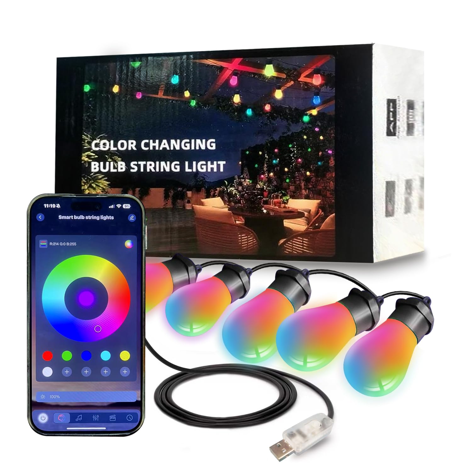 Honche Smart Outdoor String Lights, 36FT, 15 RGB LED Bulbs, Color Changing, Waterproof, Remote/APP Control