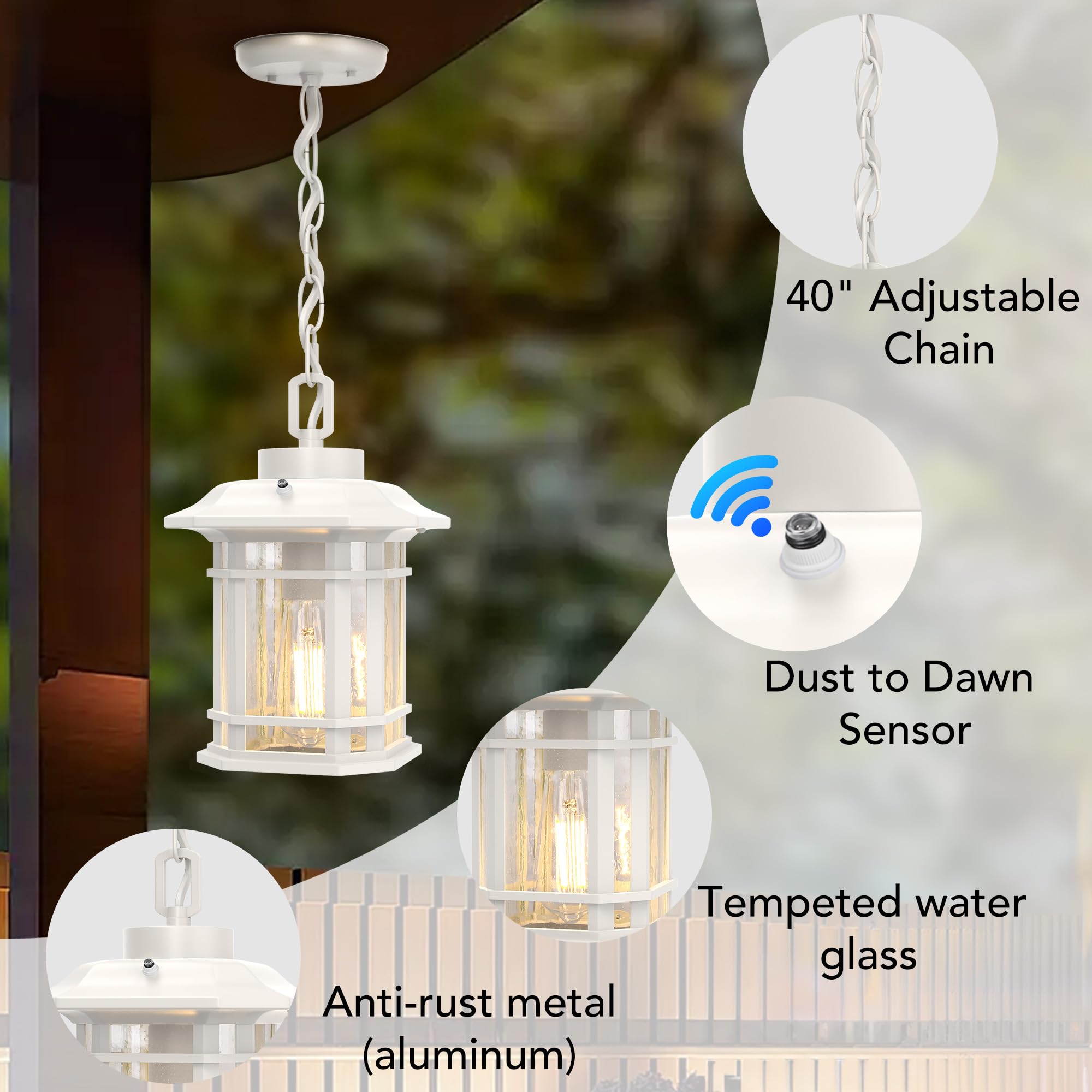 Wihtu Dusk To Dawn Outdoor Pendant Lights For Porch,Anti-Rust Aluminum Exterior Hanging Light Fixture, Farmhouse Chandelier Ceil