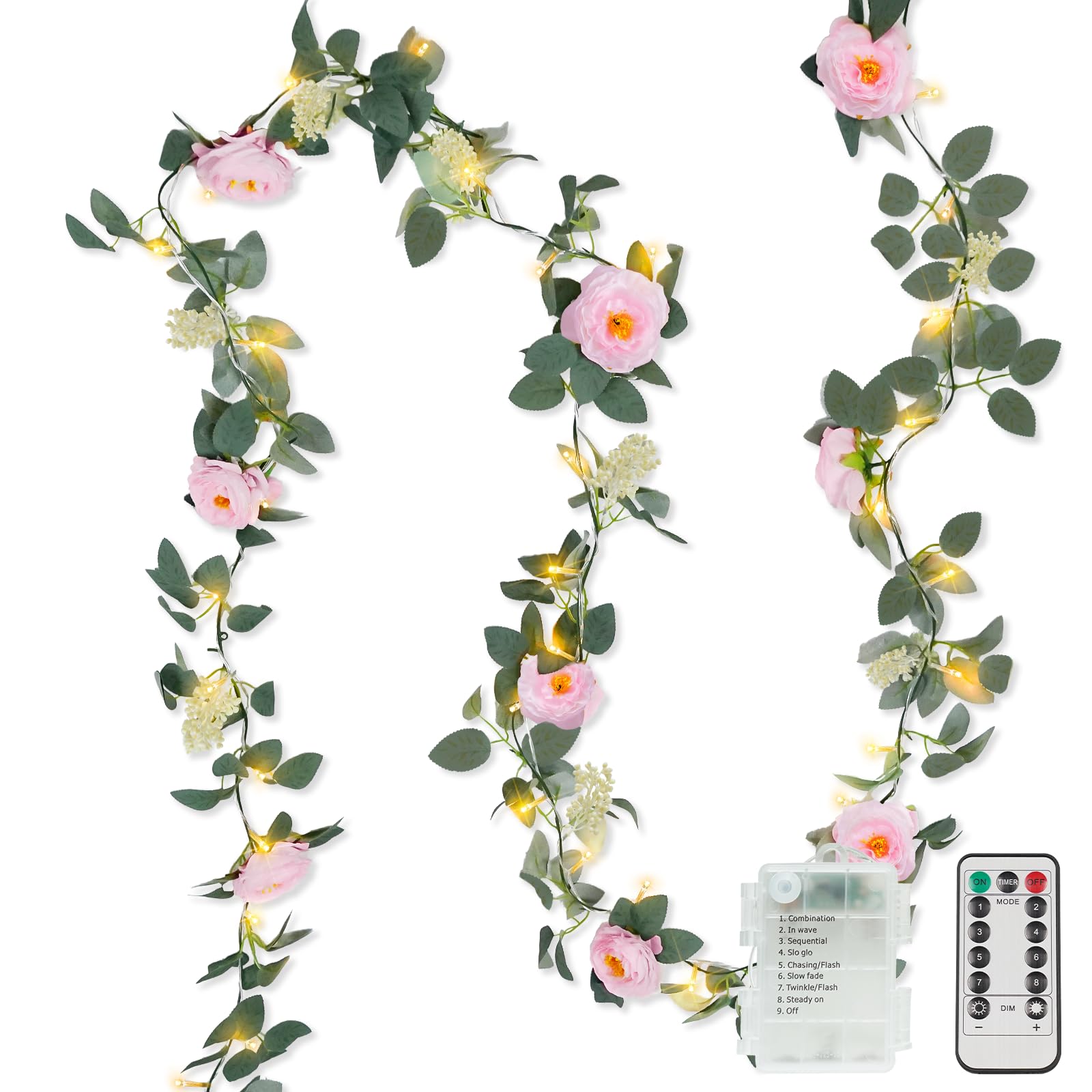 suddus Flower Garland with Pink Camellia Fairy Lights Indoor  60 LED Vines String Lights Battery Operated with Remote  Artificial Compatible Flowers Leaf Lights for Wedding Bedroom Centerpieces Arch Decor