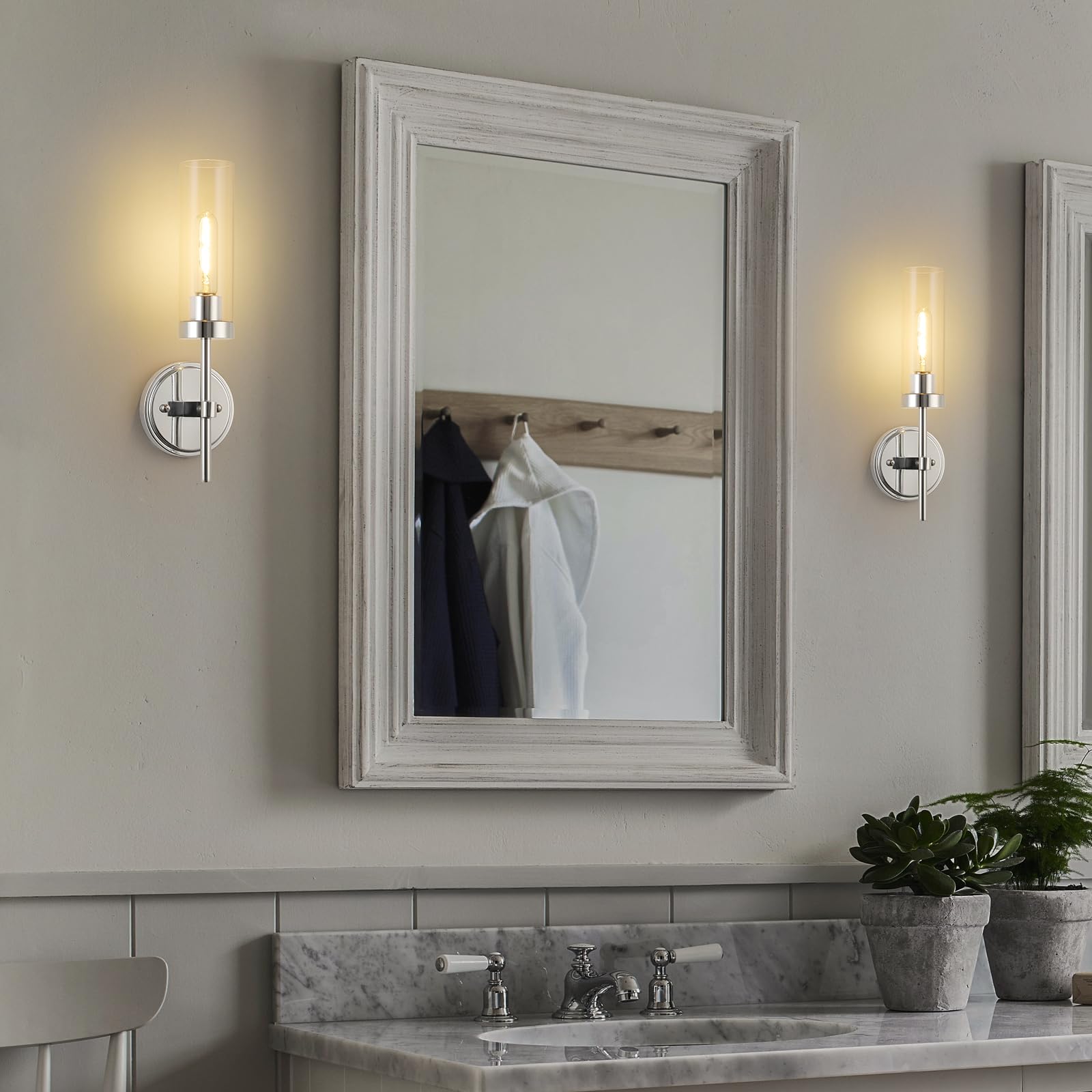 WILON Wall Sconces Set of 2, Chrome Metal Light Fixture with Clear Glass Shades, 15.5in  - Model QLSMUSB0021BG