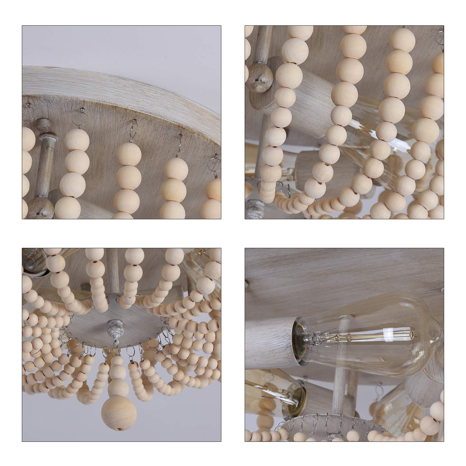 Q&S Wood Beaded Chandelier - Boho Farmhouse Light Fixture, 3 Lights, Oak White, Semi Flush Mount For Hallway, Nursery, Bedroom, Living Room