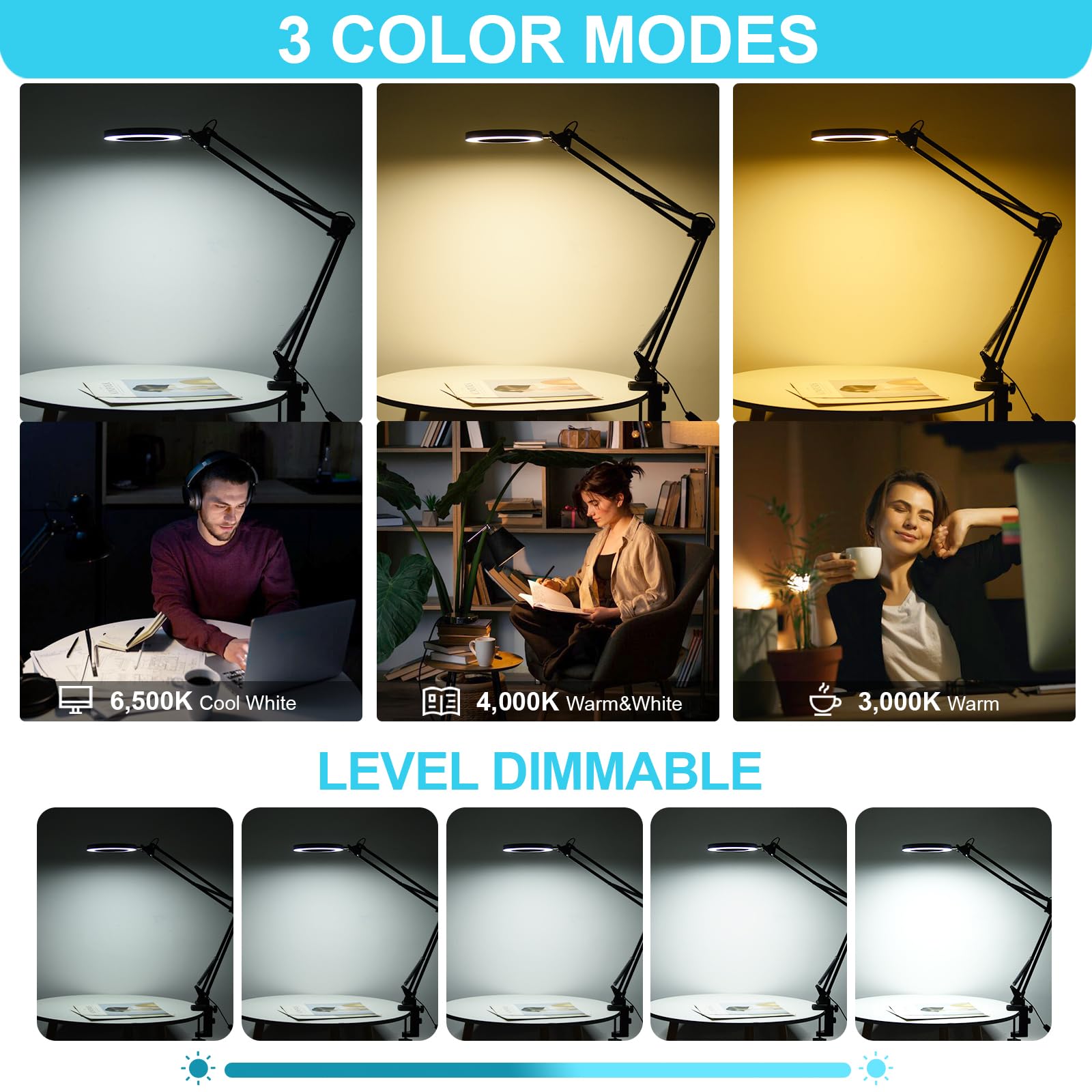 Led Magnifier Desk Lamp With Stand, 3 Color Modes & Stepless Dimming 5-Diopter Glass Lens, Adjustable Swivel Arm - Magnifying La