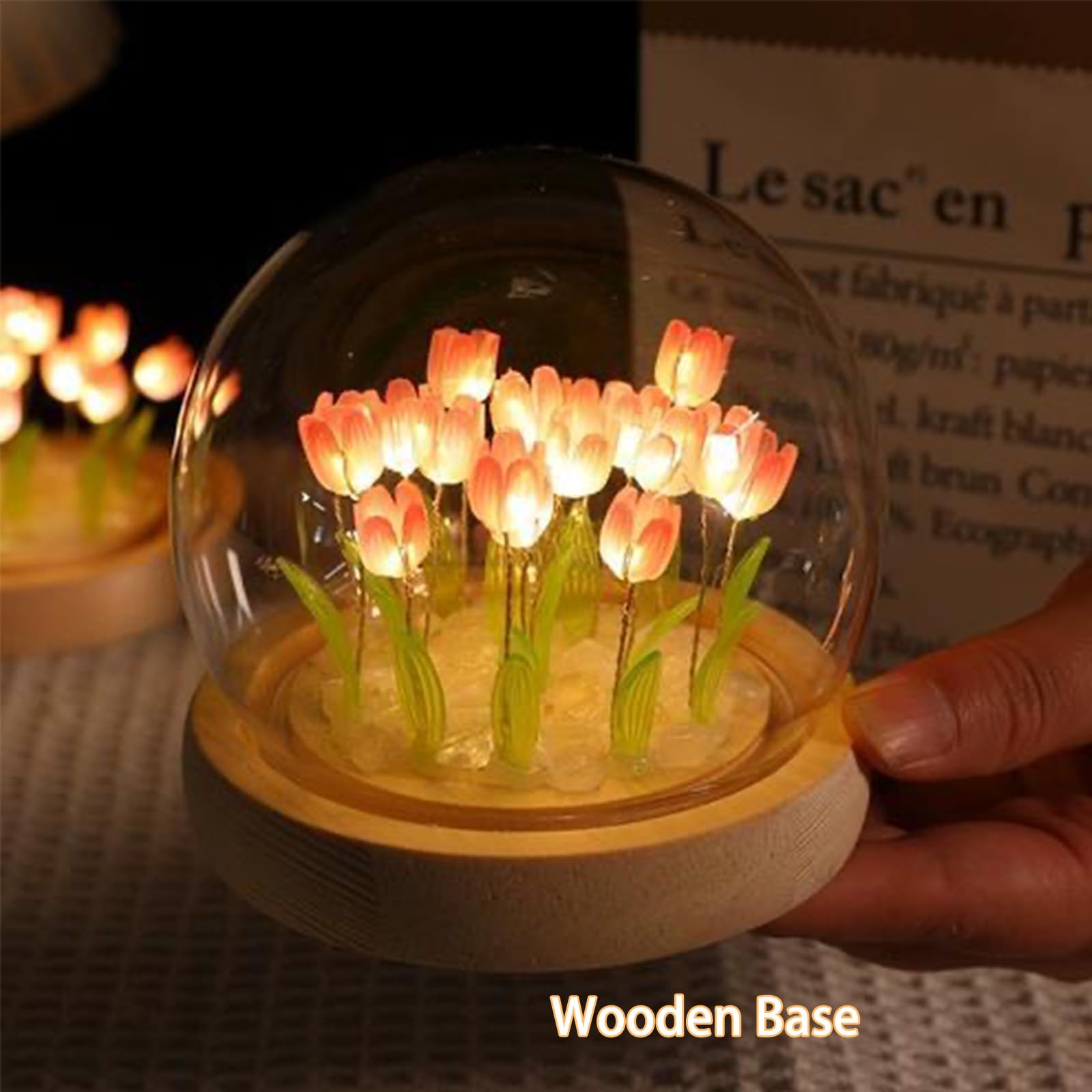 GUIGUZHJ Tulip Night Light - Pink Battery-Powered Flower Lamp with Glass Shade & Wooden Base - Ideal Gift for Women