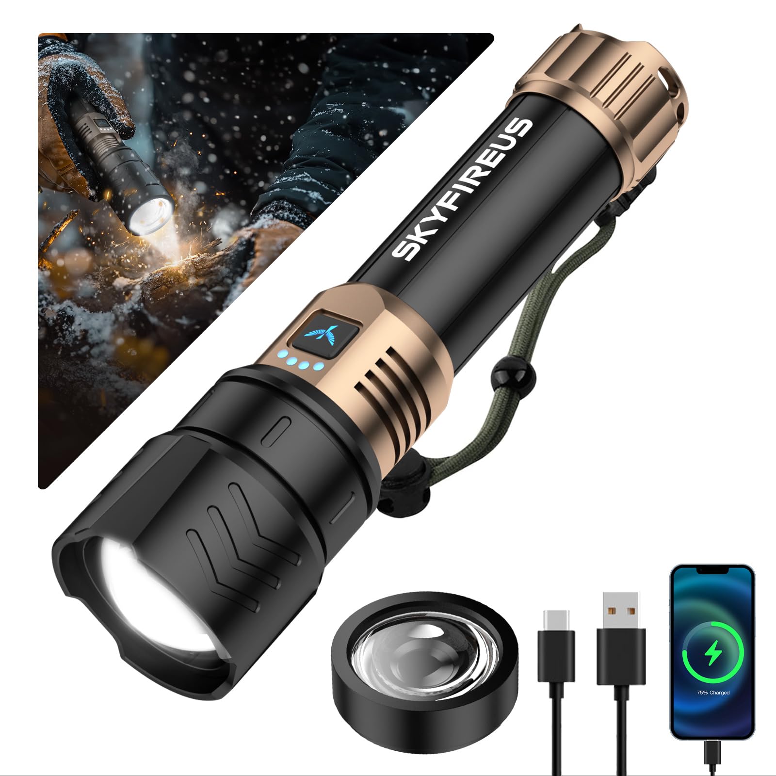 SKYFIRE LED Flashlight 10000 High Lumens,Super Bright Rechargeable Flashlight with Ignition Lens, Zoomable,Four Modes,Waterproof